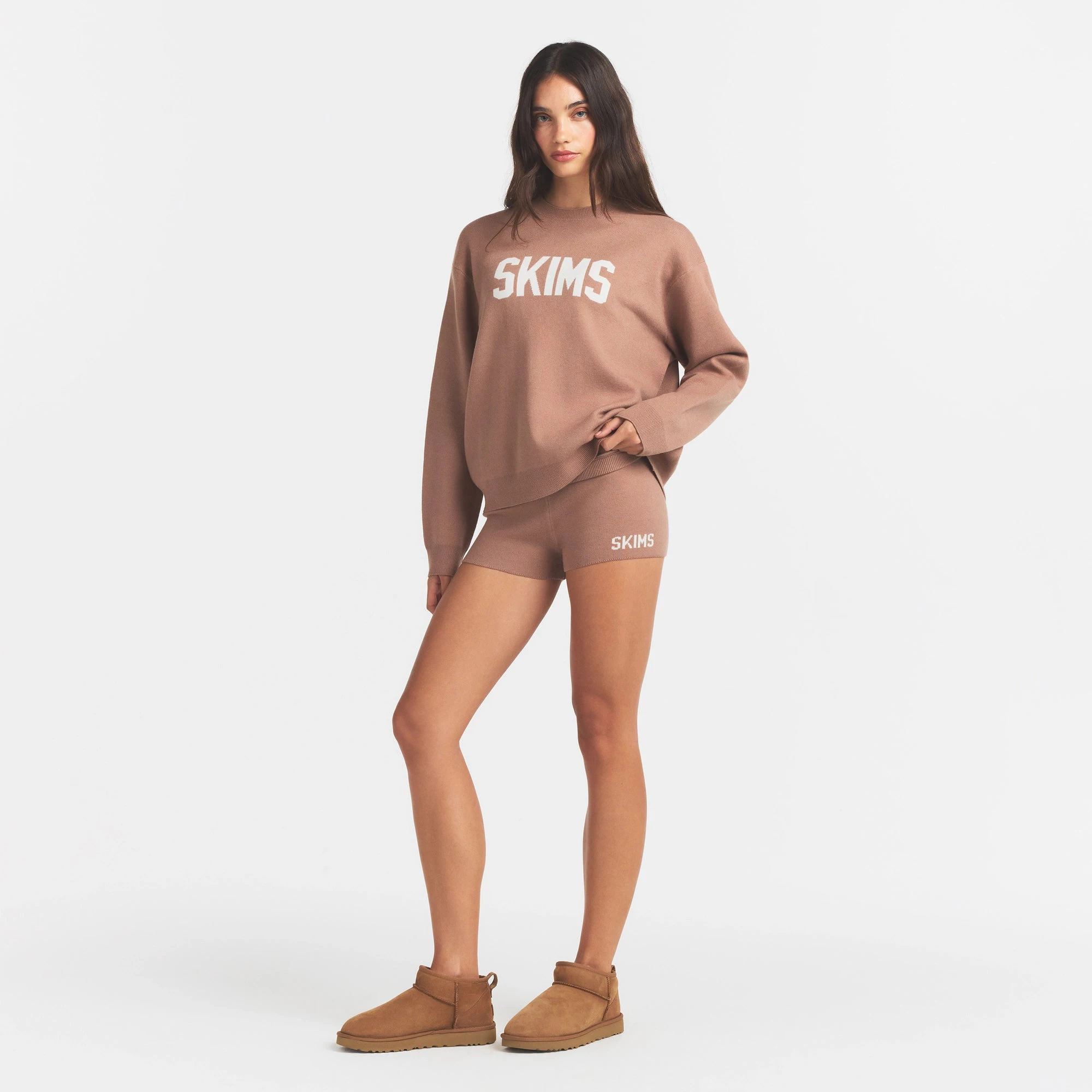 SWEATER KNIT LOGO SHORT | SIENNA EGRET & LAYS FLAT ON A WHITE BACKGROUND | FLT @ | FOCUS: 0.0, 1.0, 0.9