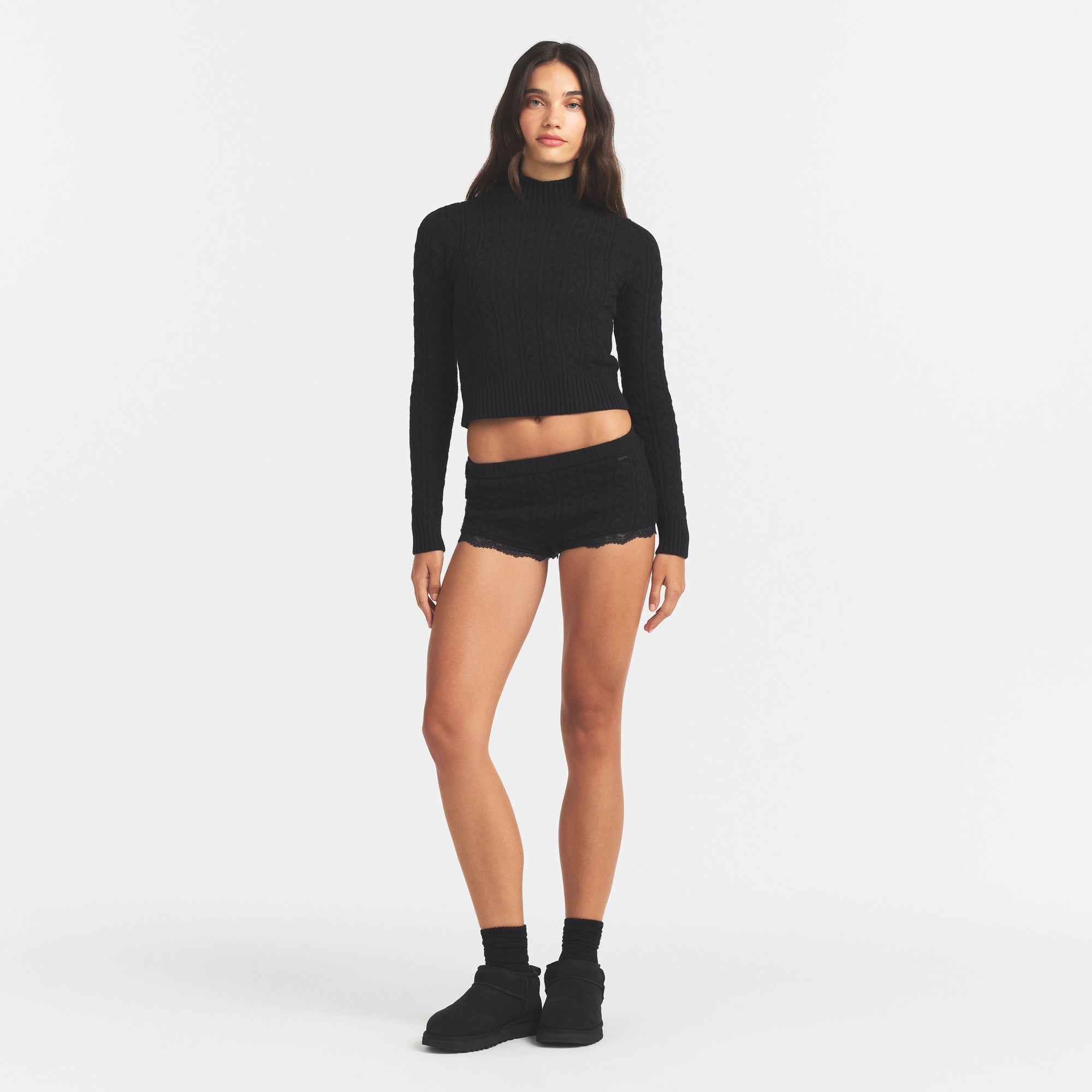 SWEATER KNIT SHORT | ONYX ON A MODEL FRONT VIEW @ | FOCUS: 0.0, 1.0, 0.9