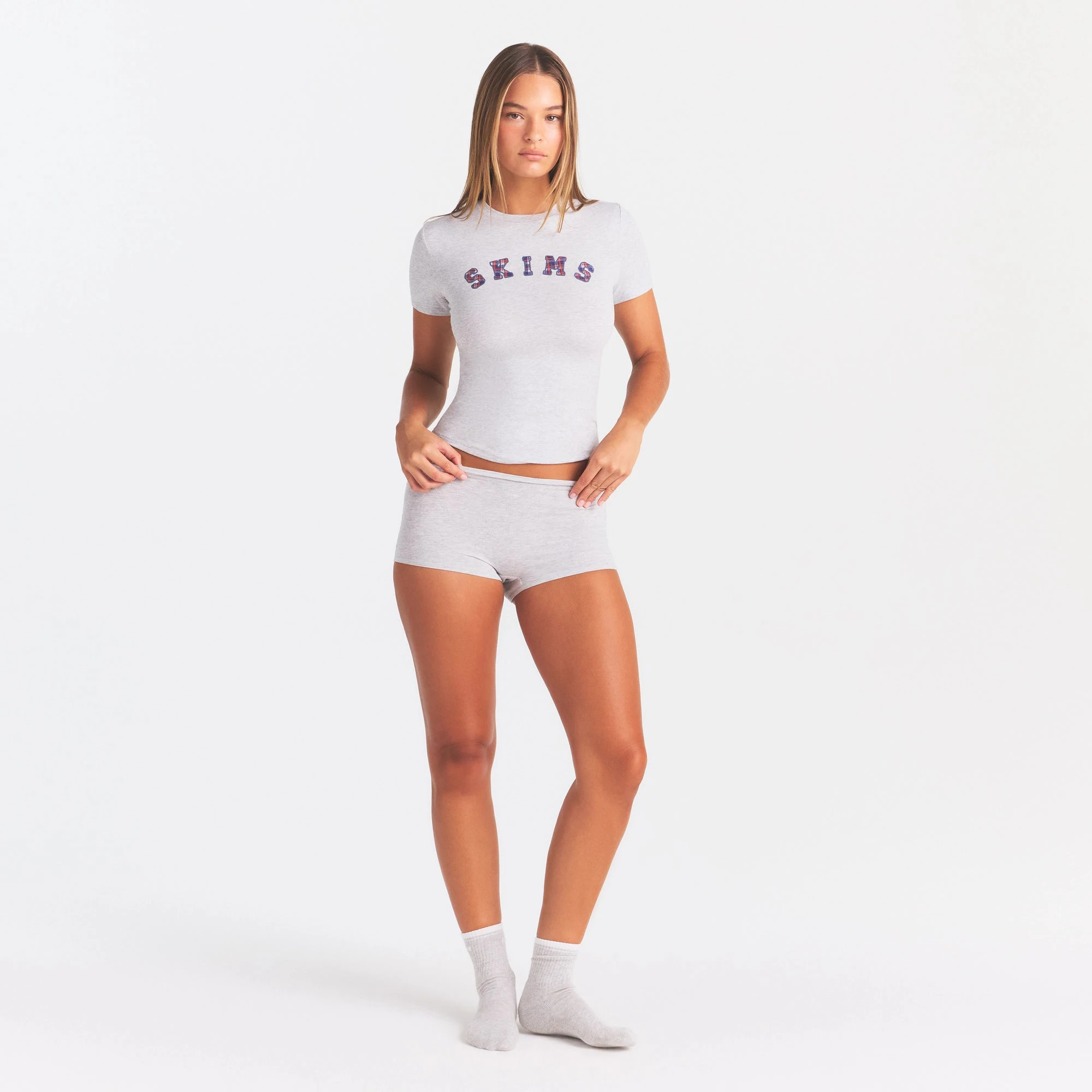 COTTON JERSEY LOGO BOY SHORT | LHG ARCHED SKIMS PLAID & LAYS FLAT ON A WHITE BACKGROUND | FLT