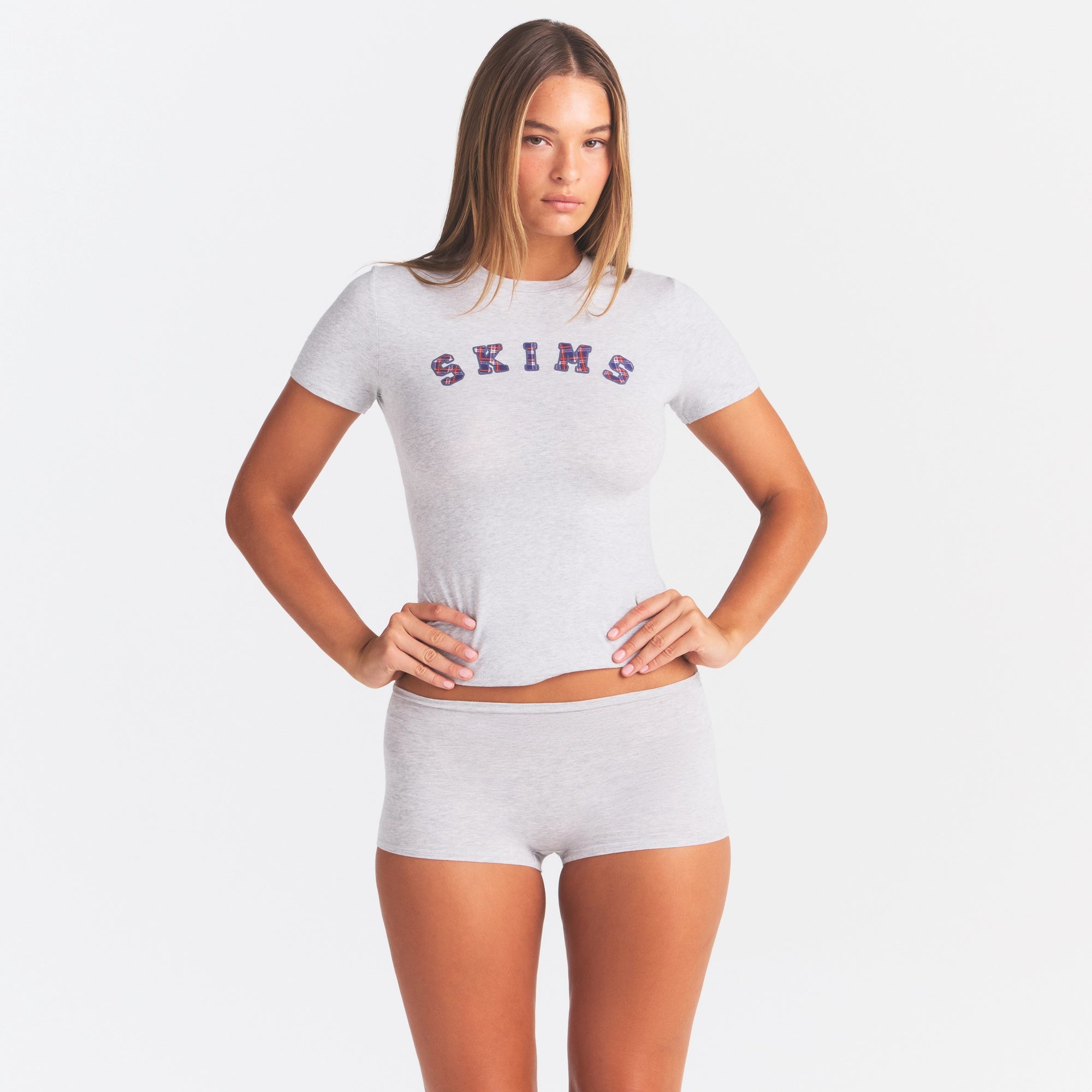 COTTON JERSEY LOGO BOY SHORT | LHG ARCHED SKIMS PLAID ON A MODEL | FOCUS: 0.0, 1.0, 0.9