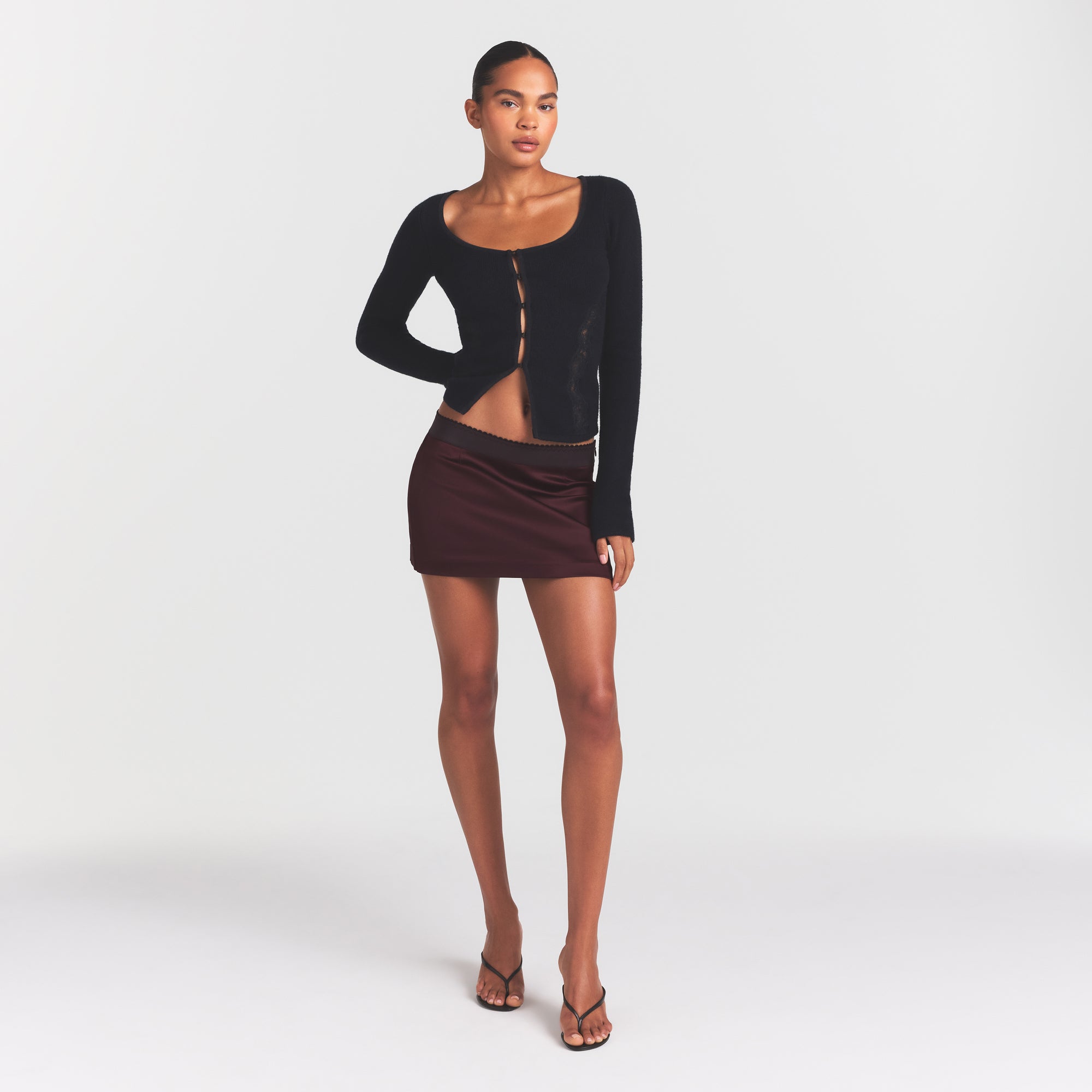 SATIN MINI SKIRT | CURRANT ON A MODEL FRONT VIEW @ | FOCUS: 0.0, 1.0, 0.9