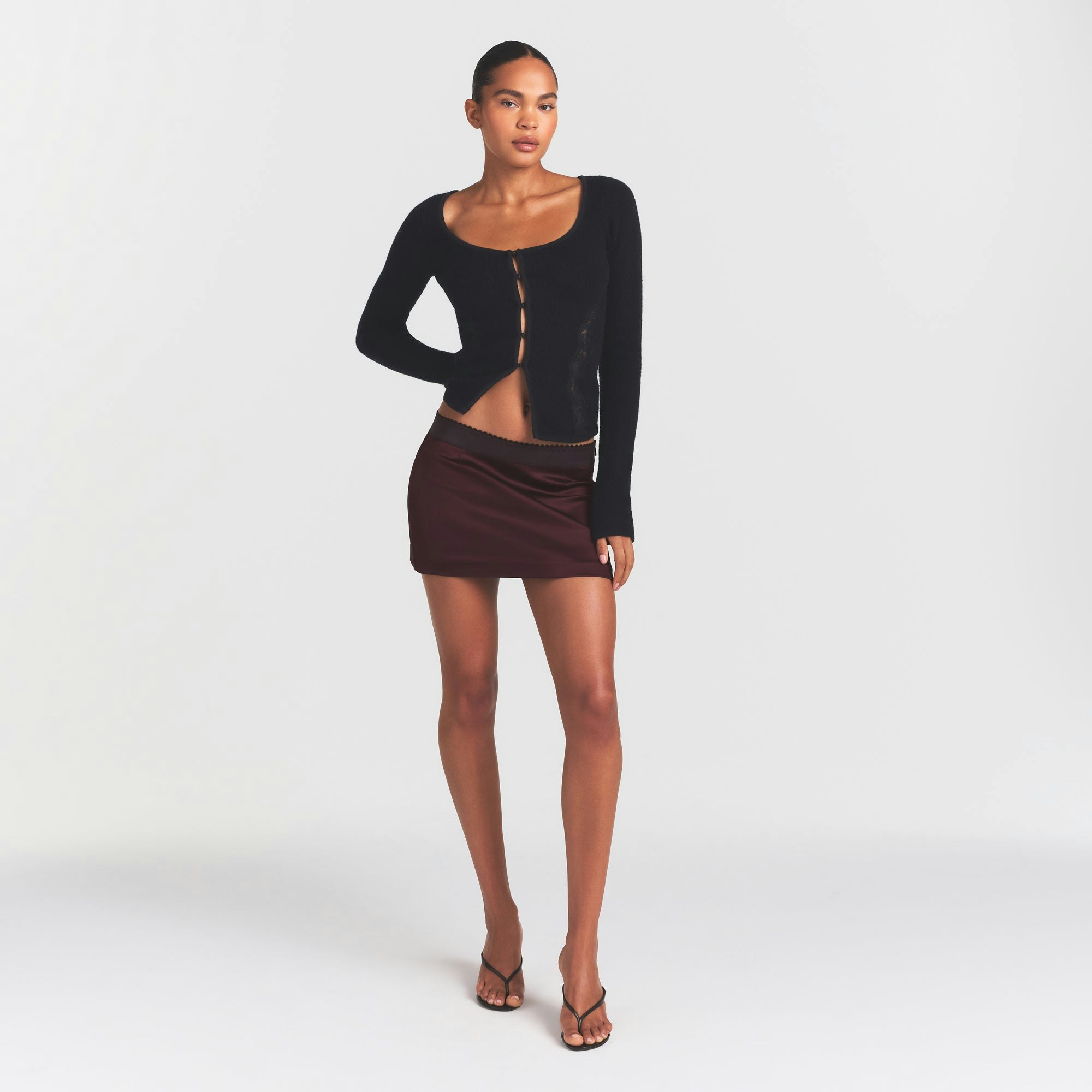 SATIN MINI SKIRT | CURRANT ON A MODEL FRONT VIEW @ | FOCUS: 0.0, 1.0, 0.9