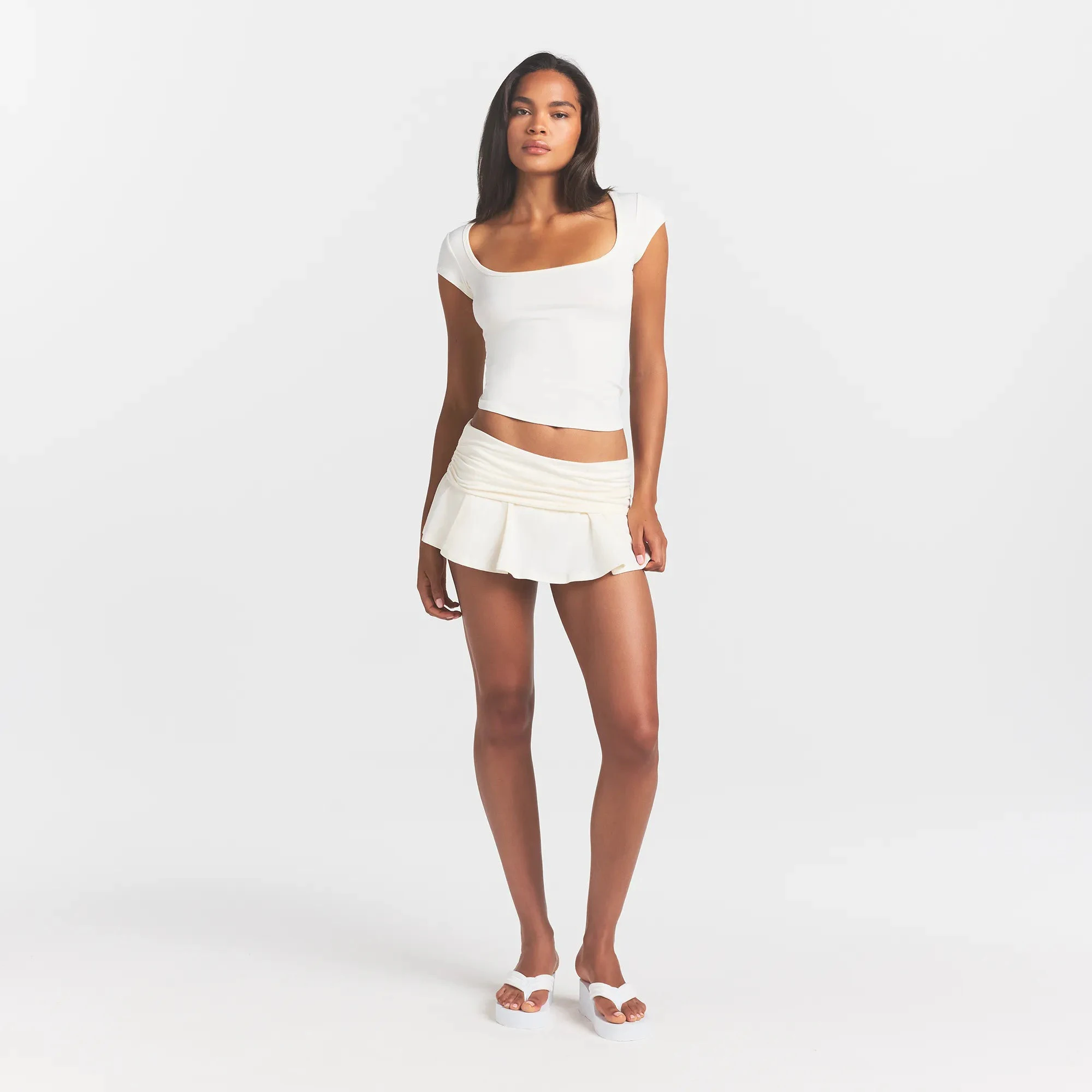 COTTON JERSEY FOLDOVER MINI SKORT | MARBLE ON A MODEL FRONT VIEW @ | FOCUS: 0.0, 1.0, 0.9