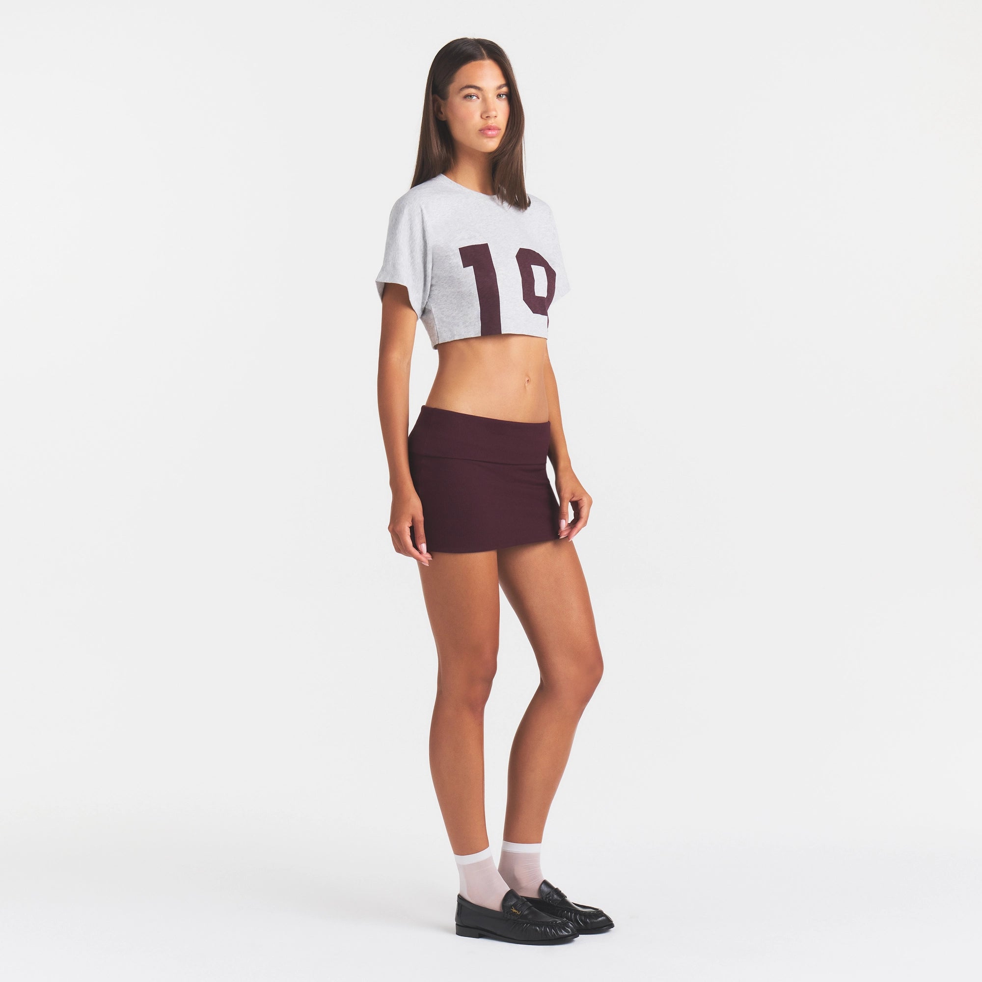 COTTON RIB FOLDOVER MINI SKIRT | CURRANT & LAYS FLAT ON A WHITE BACKGROUND | FLT