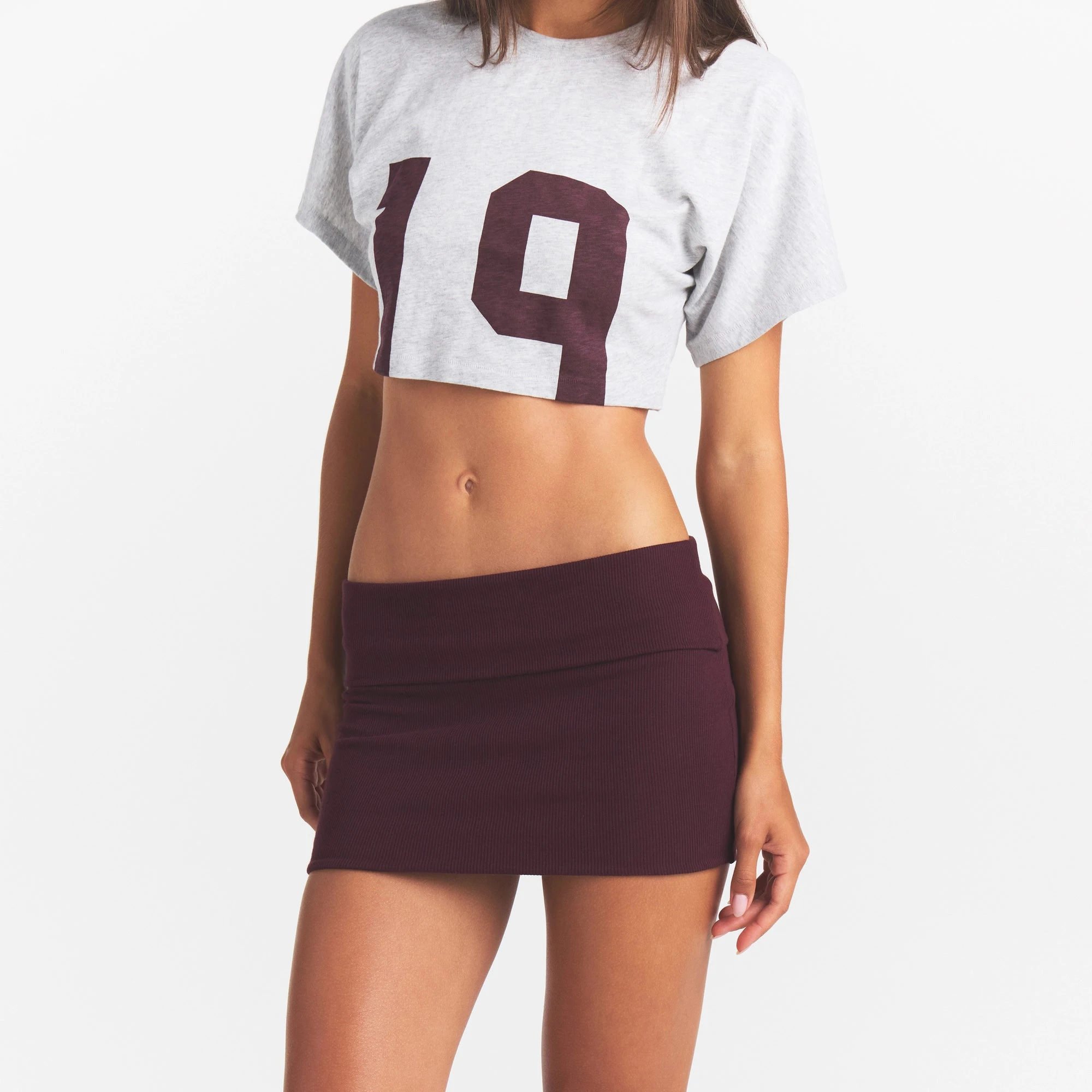 COTTON RIB FOLDOVER MINI SKIRT | CURRANT & LAYS FLAT ON A WHITE BACKGROUND | FLT