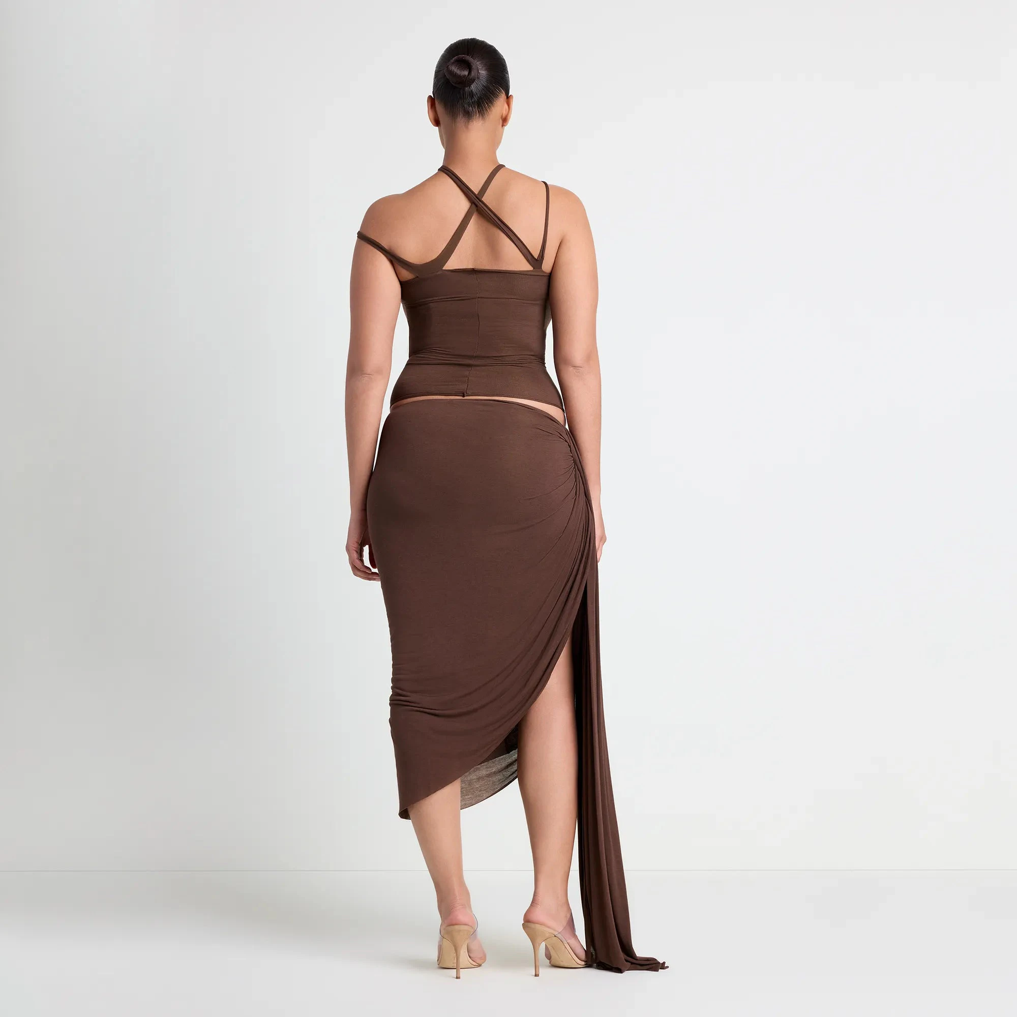 SHEER MODAL DRAPED SKIRT  | COCOA ON A MODEL BACK VIEW | FOCUS: 0.0, 1.0, 0.9
