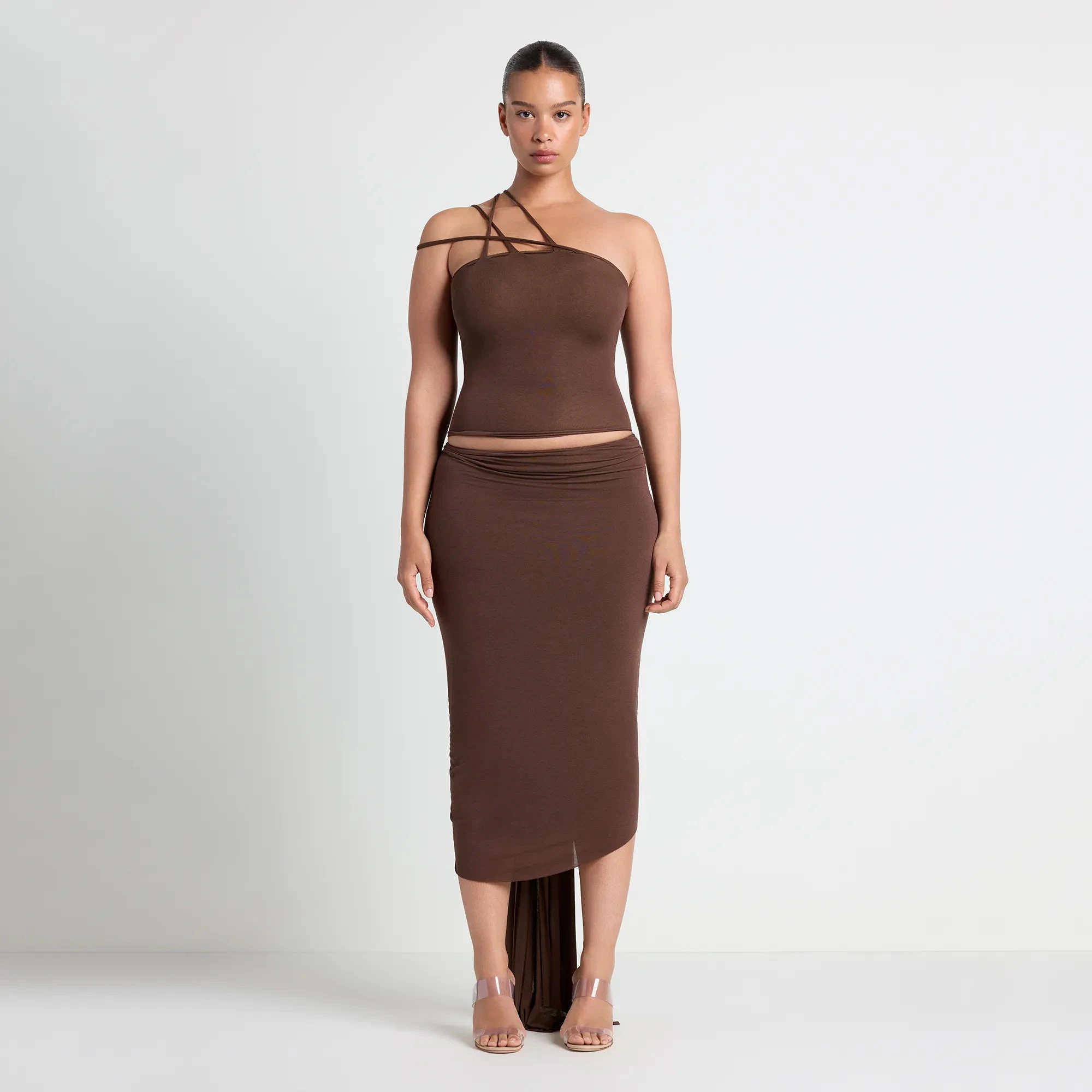 SHEER MODAL DRAPED SKIRT  | COCOA ON A MODEL FRONT VIEW | FOCUS: 0.0, 1.0, 0.9