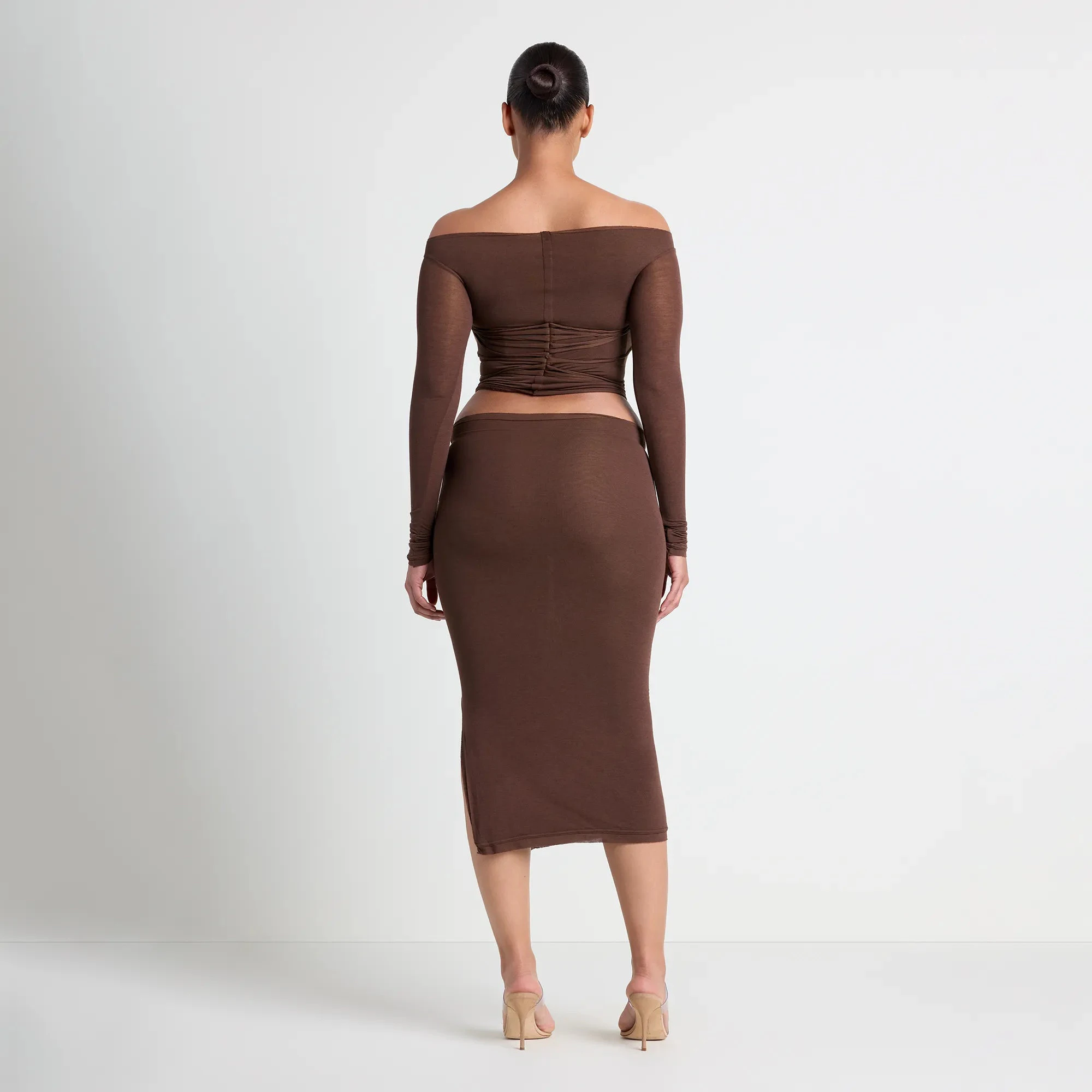 VETTESE X SKIMS SHEER MODAL MIDI SKIRT  | COCOA ON A MODEL BACK VIEW | FOCUS: 0.0, 1.0, 0.9