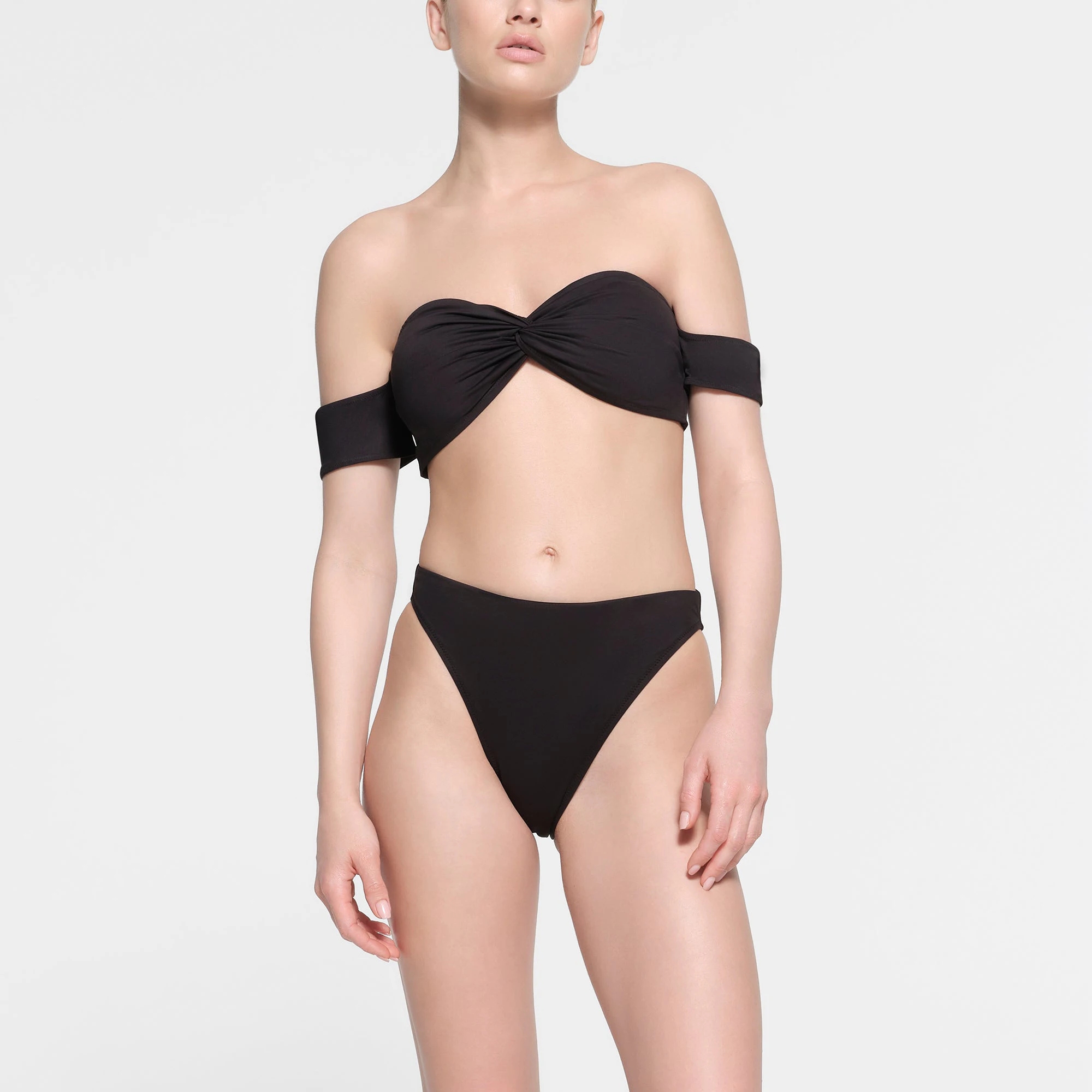 SIGNATURE SWIM OFF THE SHOULDER TOP | ONYX ON A MODEL FRONT VIEW