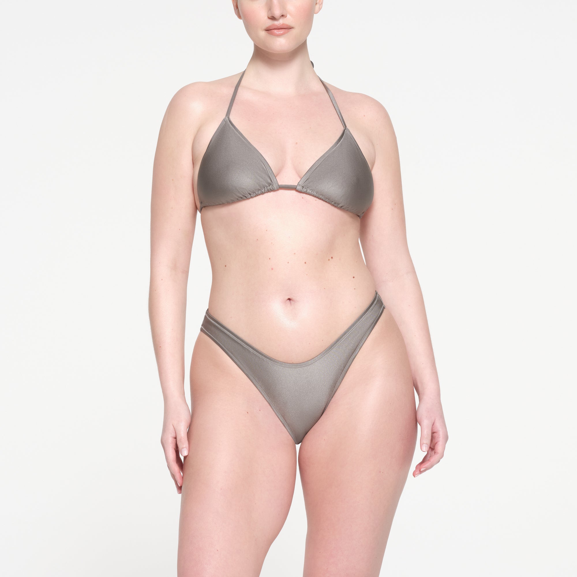 SHINE SWIM TRIANGLE TOP | SMOKE ON A MODEL FRONT VIEW