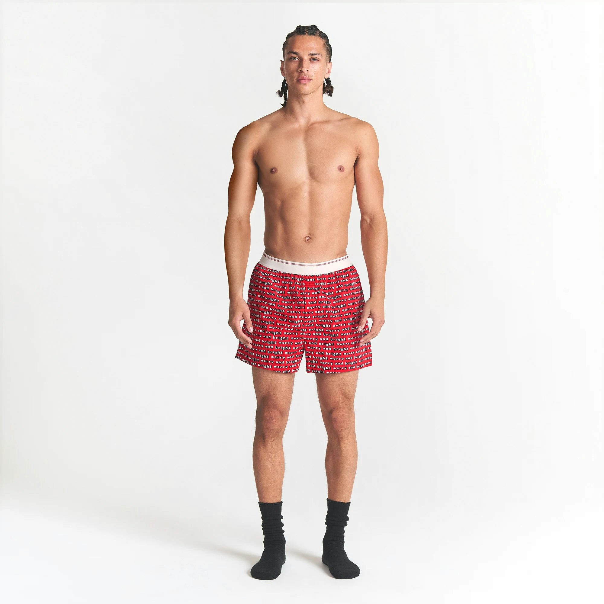 CACTUS PLANT FLEA MARKET X SKIMS COTTON POPLIN MENS BOXER 3-PACK | JINGLE BELLS MULTI ON A MODEL FRONT VIEW @ | FOCUS: 0.0, 1.0, 0.9