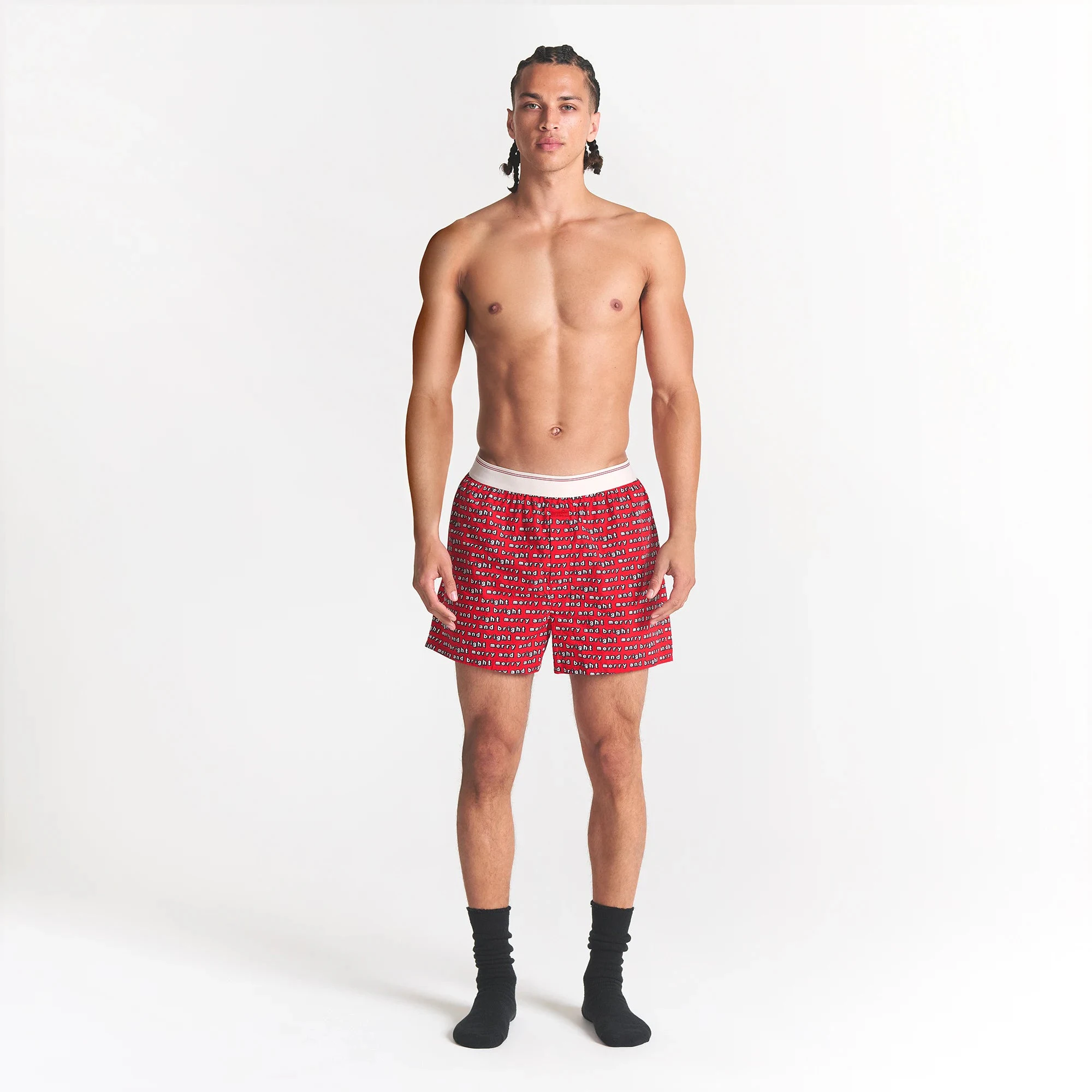 CACTUS PLANT FLEA MARKET X SKIMS COTTON POPLIN MENS BOXER 3-PACK | JINGLE BELLS MULTI ON A MODEL FRONT VIEW @ | FOCUS: 0.0, 1.0, 0.9