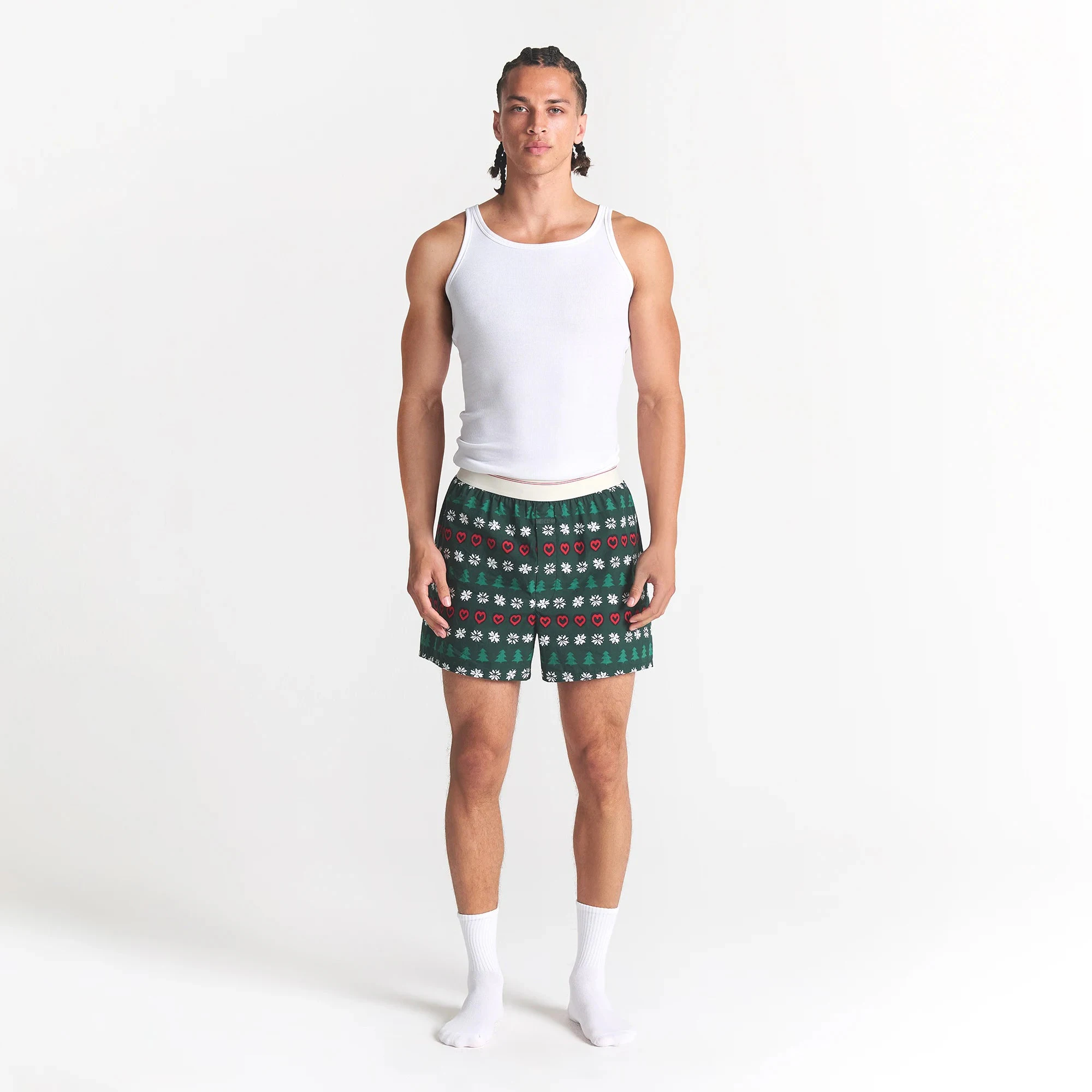 CACTUS PLANT FLEA MARKET X SKIMS COTTON POPLIN MENS BOXER 3-PACK | JINGLE BELLS MULTI ON A MODEL FRONT VIEW @ | FOCUS: 0.0, 1.0, 0.9