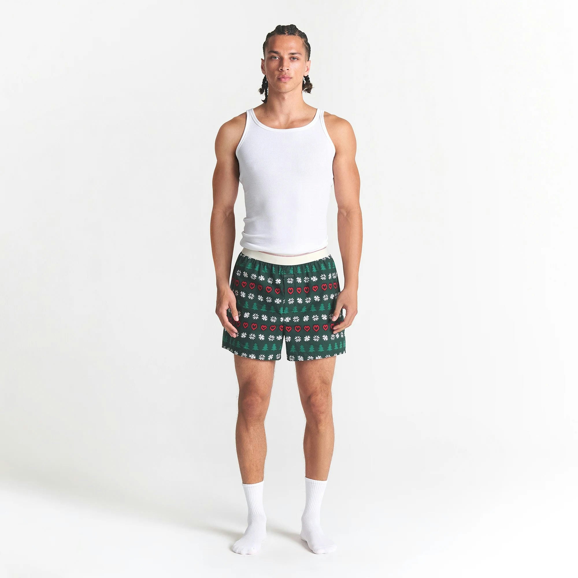 CACTUS PLANT FLEA MARKET X SKIMS COTTON POPLIN MENS BOXER 3-PACK | JINGLE BELLS MULTI ON A MODEL FRONT VIEW @ | FOCUS: 0.0, 1.0, 0.9