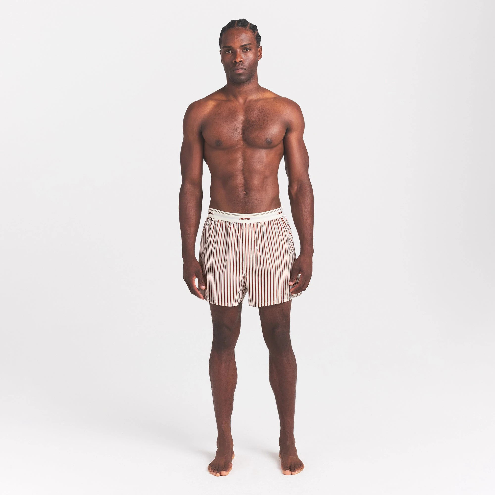 COTTON POPLIN MENS LOGO BAND BOXER | CINNAMON STONE STRIPE ON A MODEL FRONT VIEW @ | FOCUS: 0.0, 1.0, 0.9
