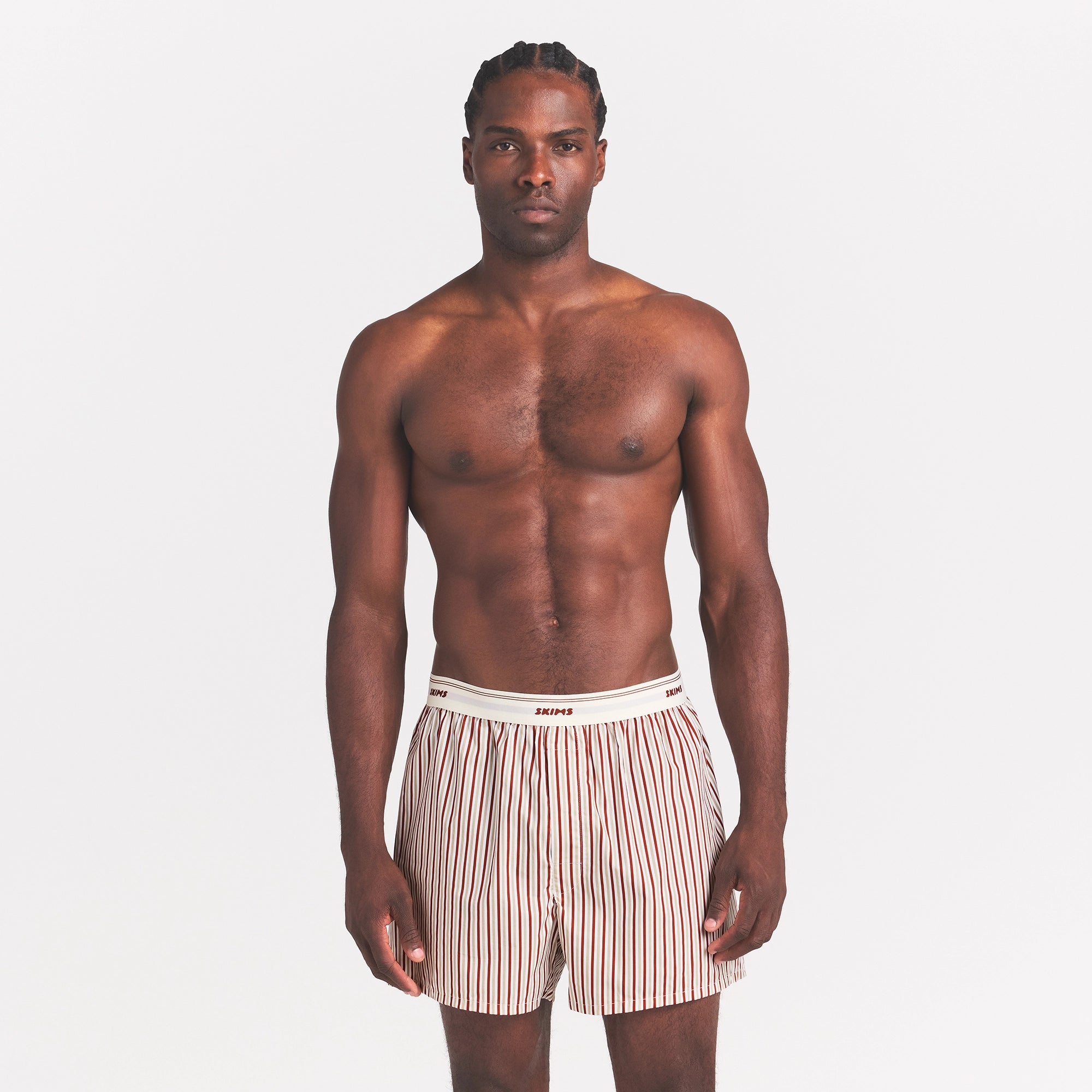 COTTON POPLIN MENS LOGO BAND BOXER | CINNAMON STONE STRIPE ON A MODEL FRONT VIEW @ | FOCUS: 0.0, 1.0, 0.9