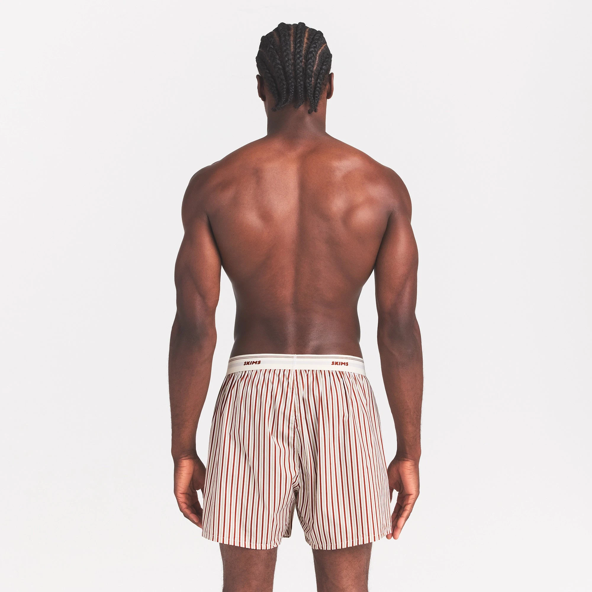 COTTON POPLIN MENS LOGO BAND BOXER | CINNAMON STONE STRIPE ON A MODEL BACK VIEW @ | FOCUS: 0.0, 1.0, 0.9