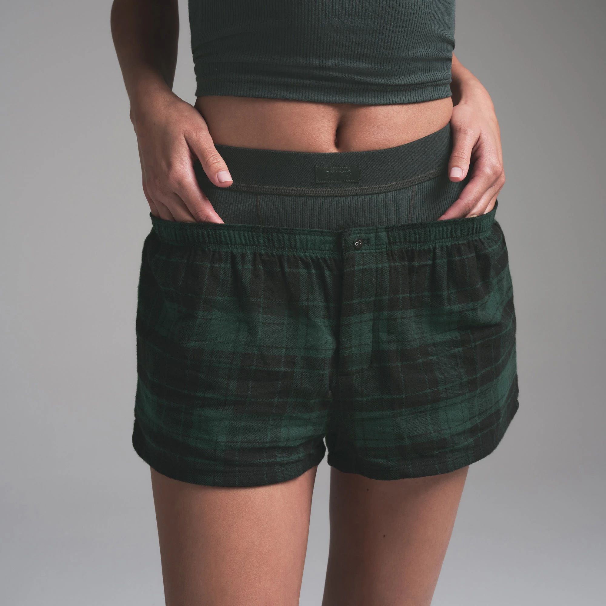 FLANNEL SLEEP CHEEKY BOXER | CYPRESS PLAID ON A MODEL SIDE VIEW