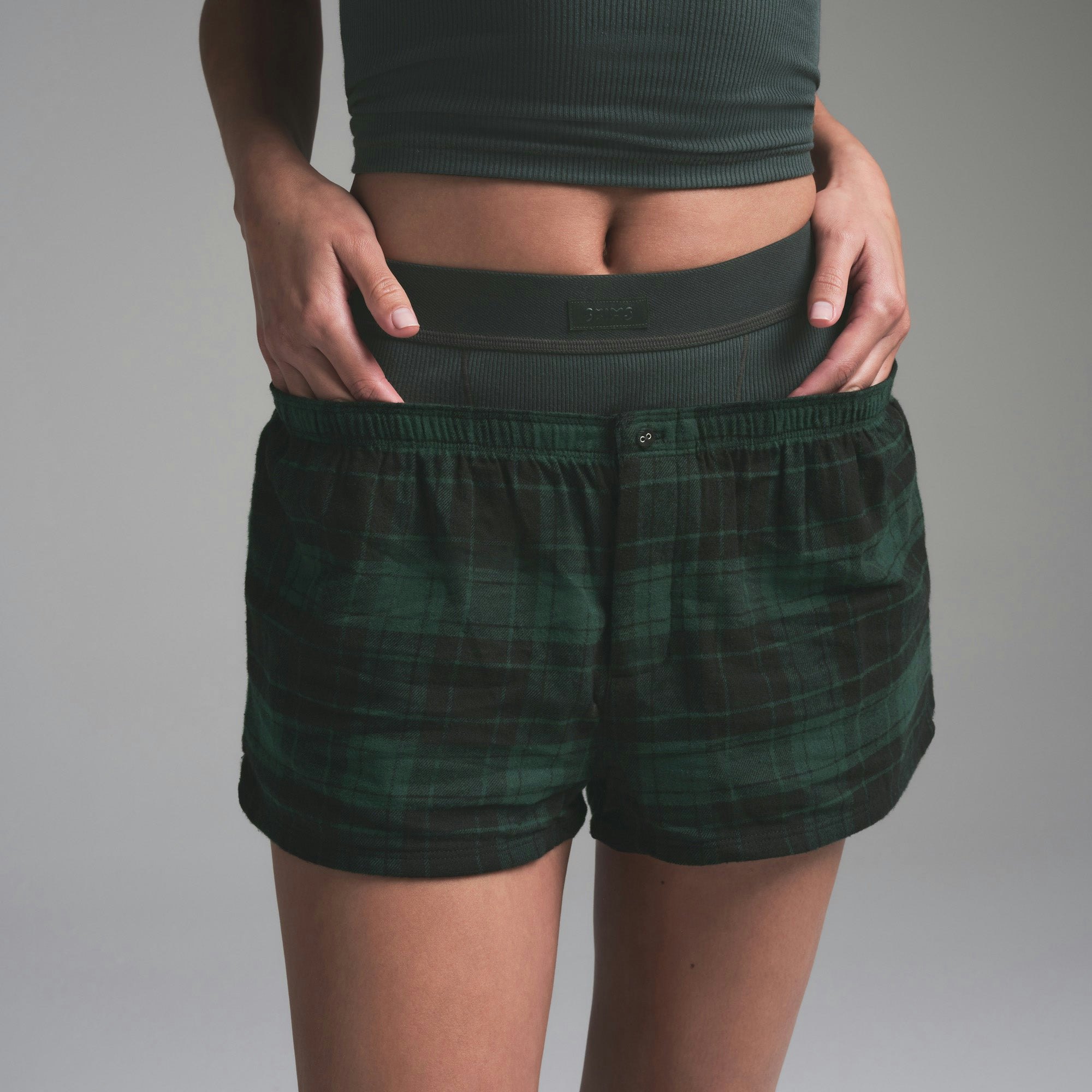 FLANNEL SLEEP CHEEKY BOXER | CYPRESS PLAID ON A MODEL SIDE VIEW