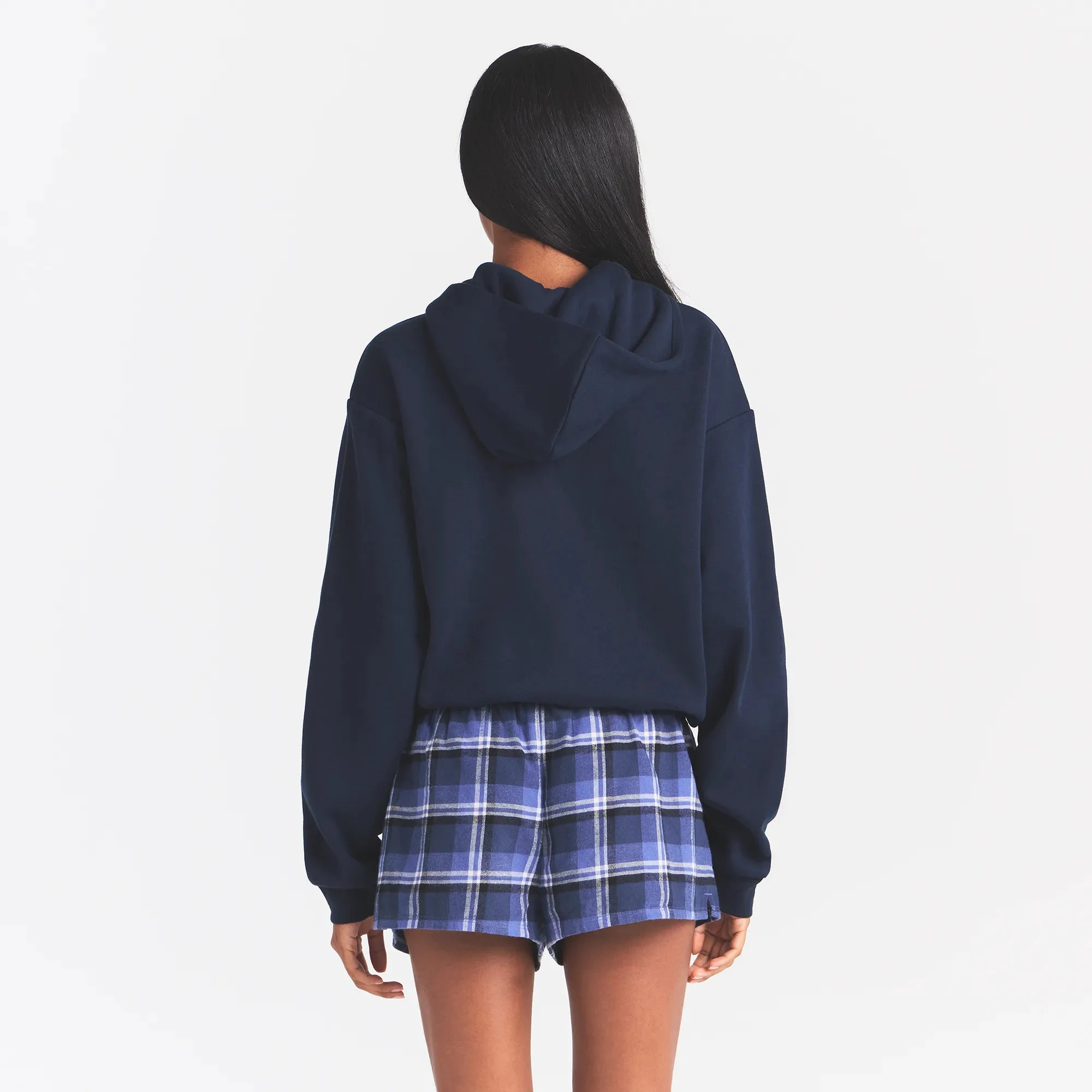 FLANNEL SLEEP CHEEKY BOXER | INDIGO OUTDOOR PLAID & LAYS FLAT ON A WHITE BACKGROUND | FLT @ | FOCUS: 0.0, 1.0, 0.9