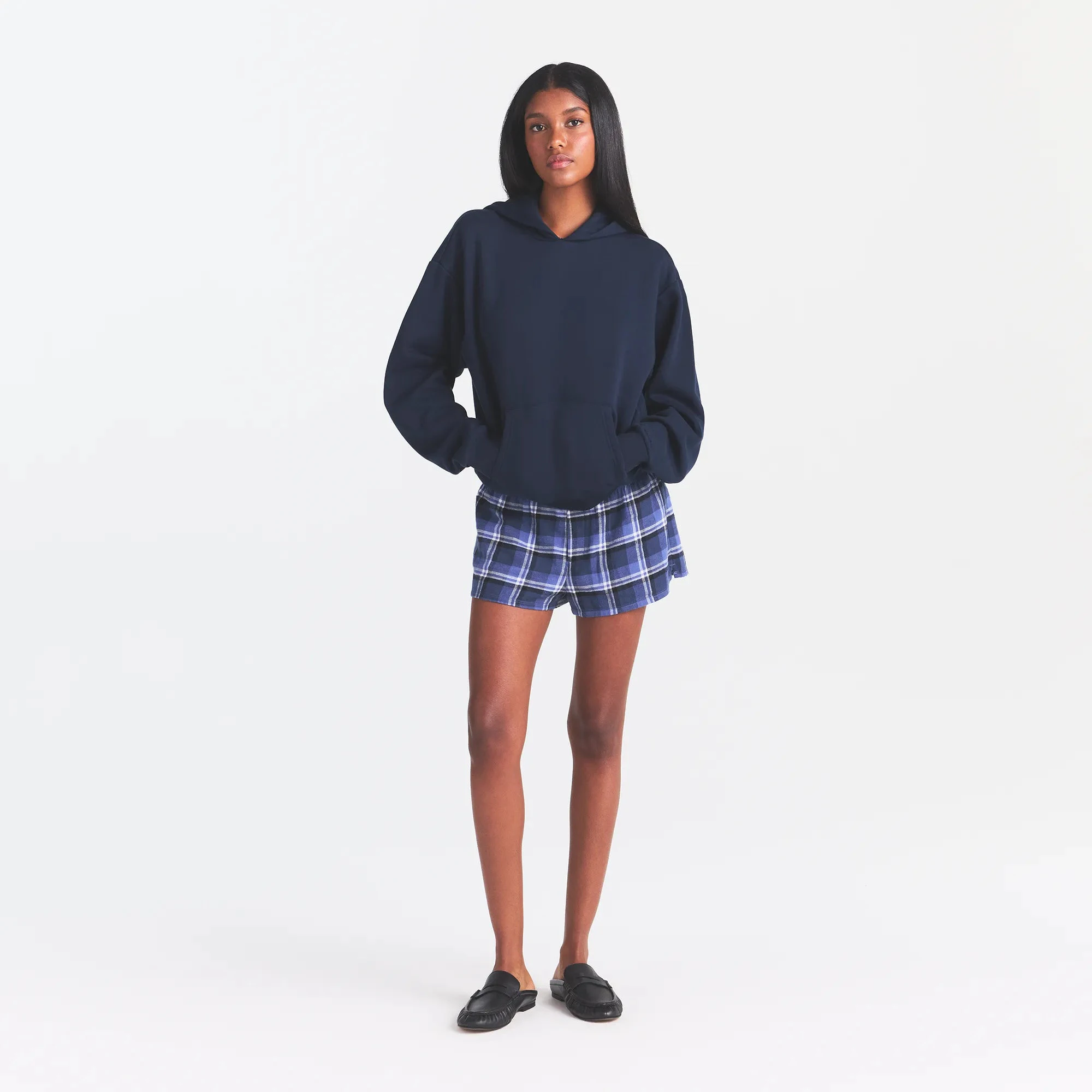 FLANNEL SLEEP CHEEKY BOXER | INDIGO OUTDOOR PLAID & LAYS FLAT ON A WHITE BACKGROUND | FLT @ | FOCUS: 0.0, 1.0, 0.9
