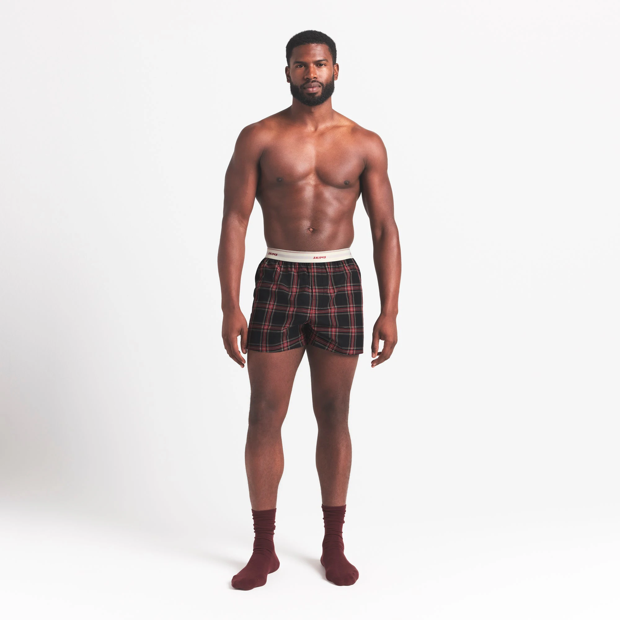 COTTON POPLIN MENS LOGO BAND BOXER | ASH RED PLAID ON A MODEL FRONT VIEW @ | FOCUS: 0.0, 1.0, 0.9