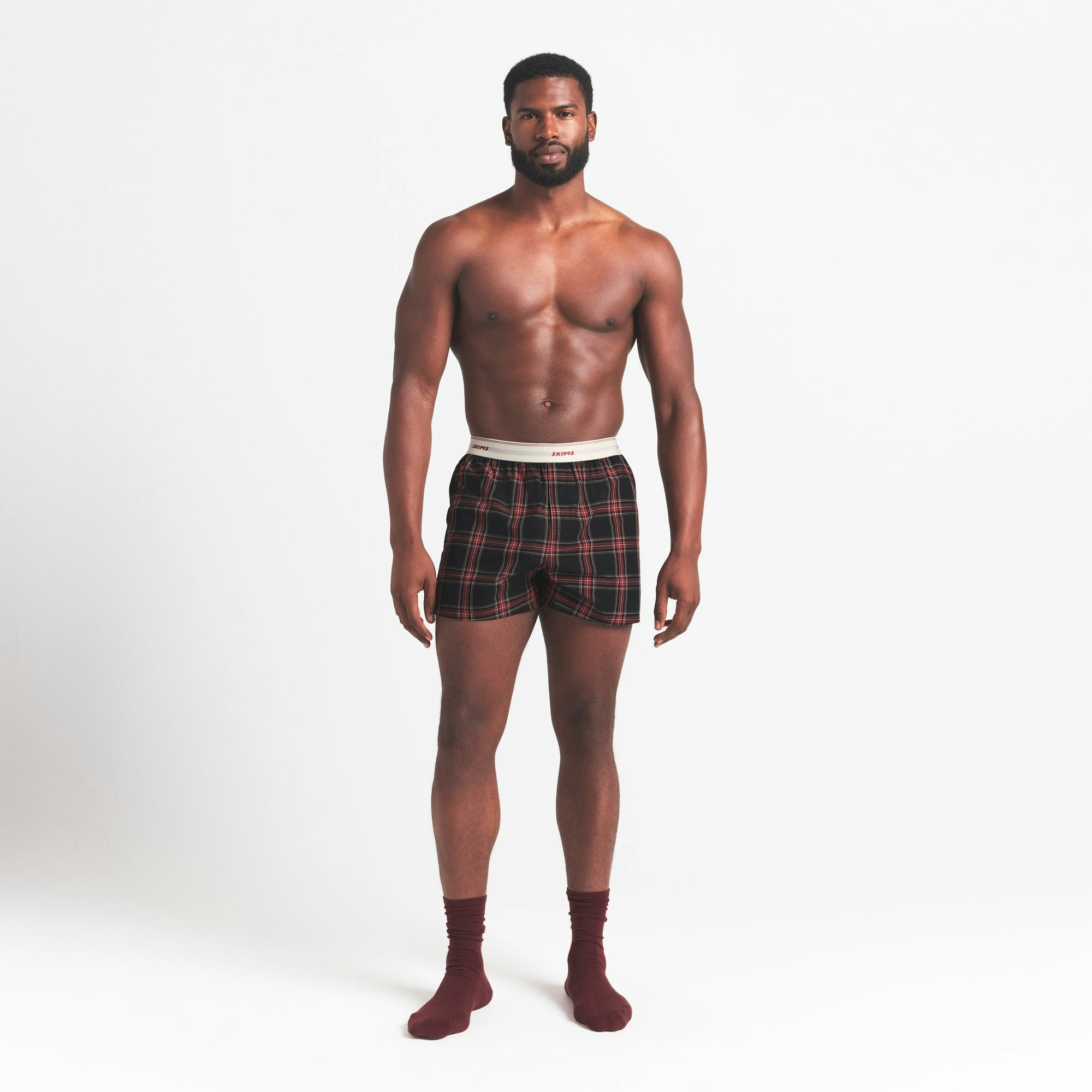 COTTON POPLIN MENS LOGO BAND BOXER | ASH RED PLAID ON A MODEL FRONT VIEW @ | FOCUS: 0.0, 1.0, 0.9