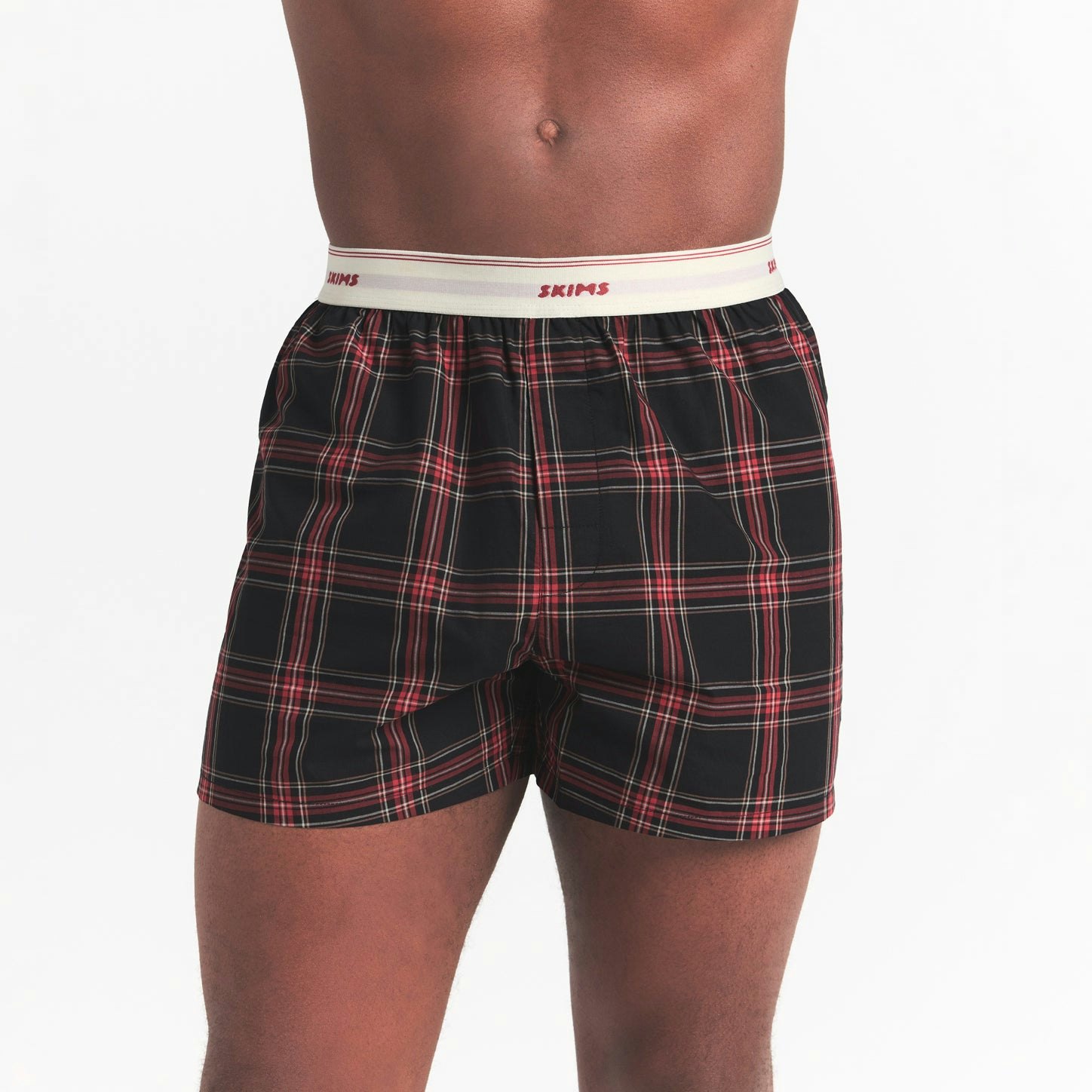 COTTON POPLIN MENS LOGO BAND BOXER | ASH RED PLAID ON A MODEL FRONT VIEW @ | FOCUS: 0.0, 1.0, 0.9