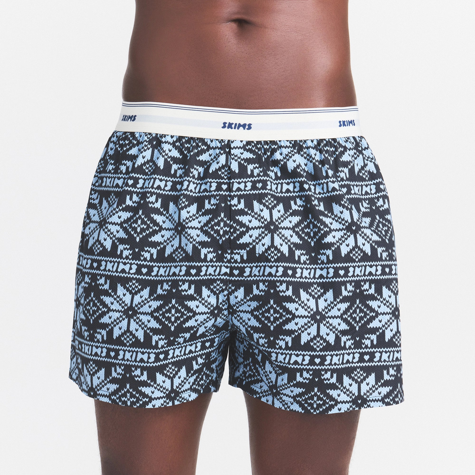 COTTON POPLIN MENS LOGO BAND BOXER | OBSIDIAN CRYSTAL FAIRISLE ON A MODEL SIDE VIEW @ | FOCUS: 0.0, 1.0, 0.9