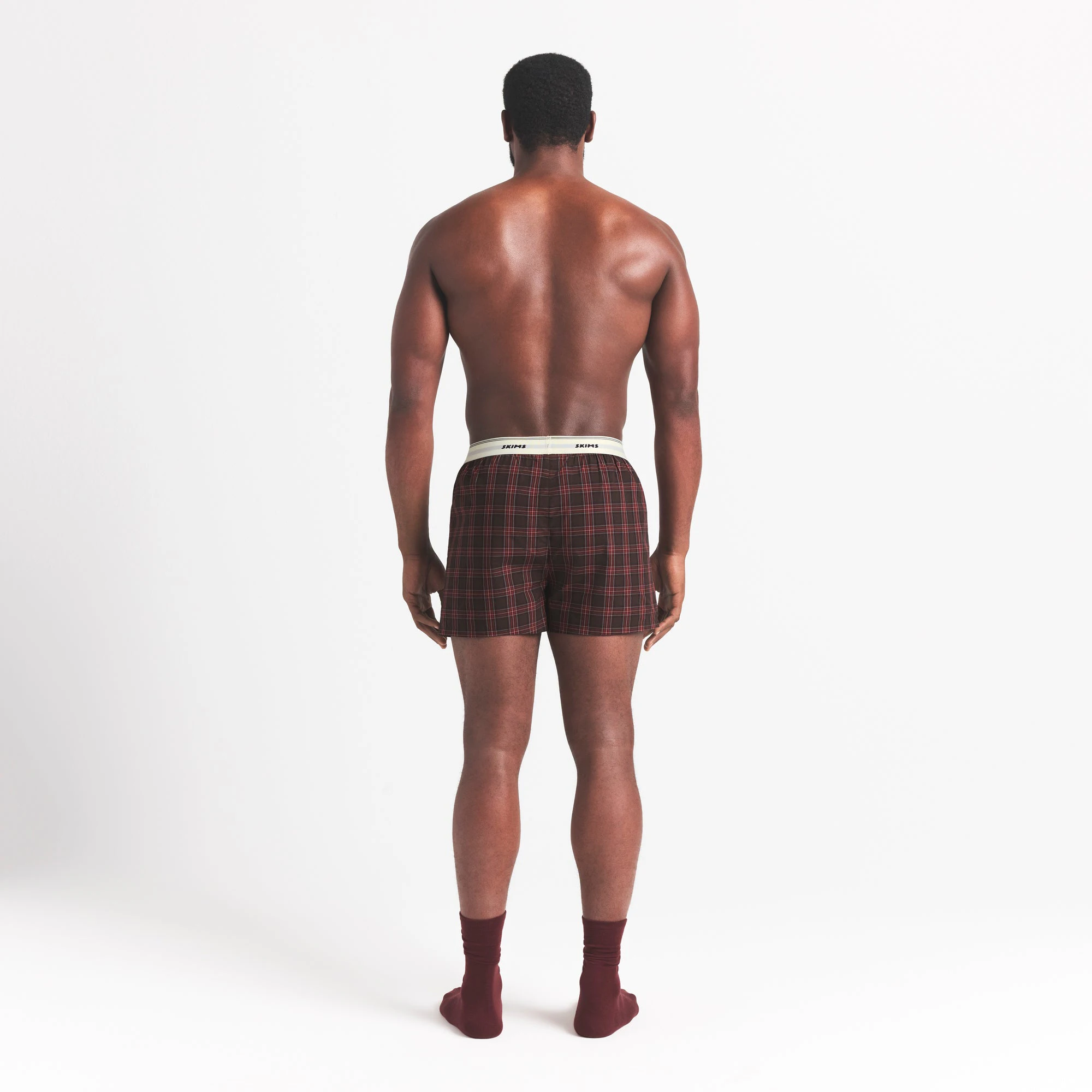 COTTON POPLIN MENS LOGO BAND BOXER | PHOENIX MERLOT MINI PLAID ON A MODEL FRONT VIEW @ | FOCUS: 0.0, 1.0, 0.9