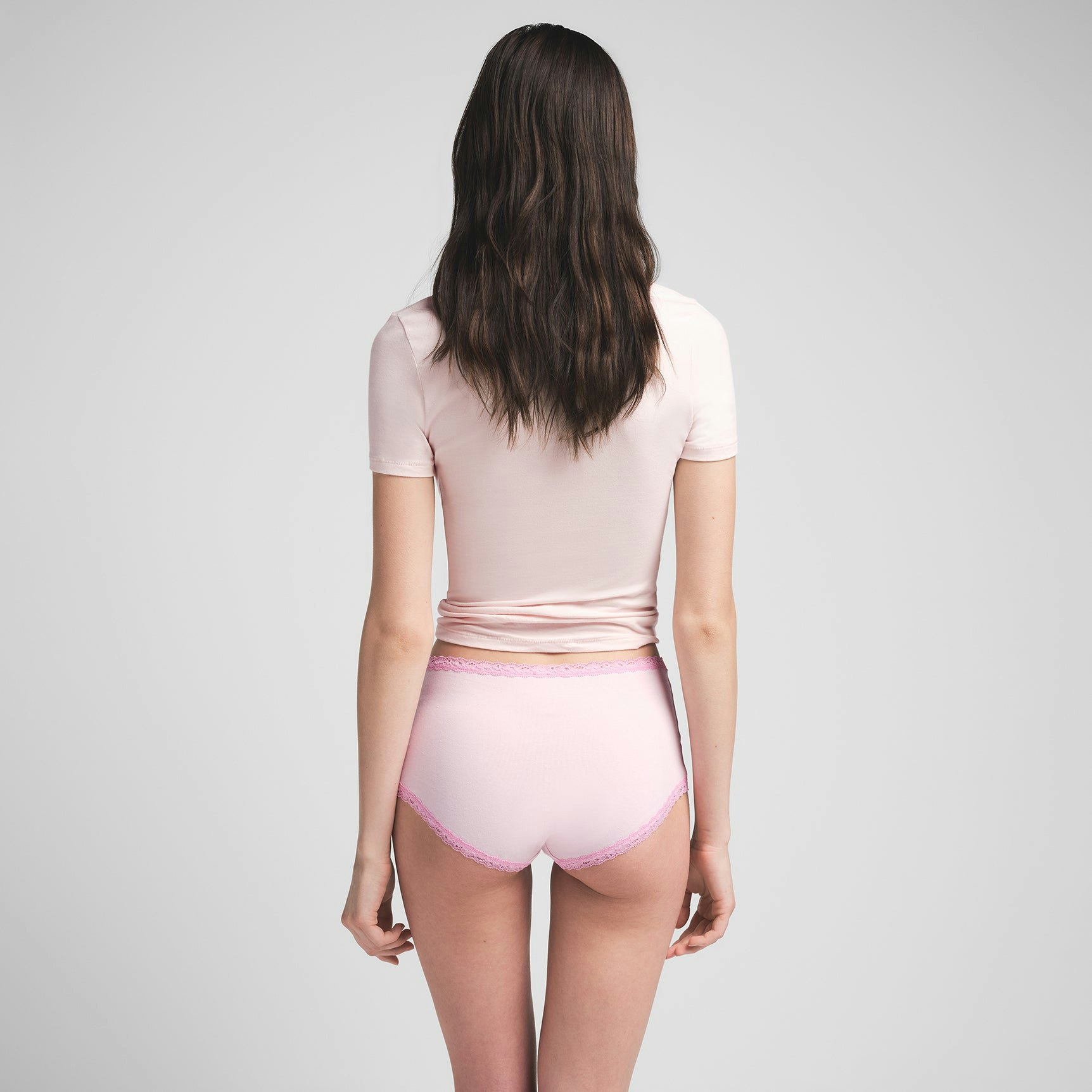 LIGHTWEIGHT COTTON LACE TRIM BOY SHORT | CHERRY BLOSSOM ON A MODEL BACK VIEW @ | FOCUS: 0.0, 1.0, 0.9