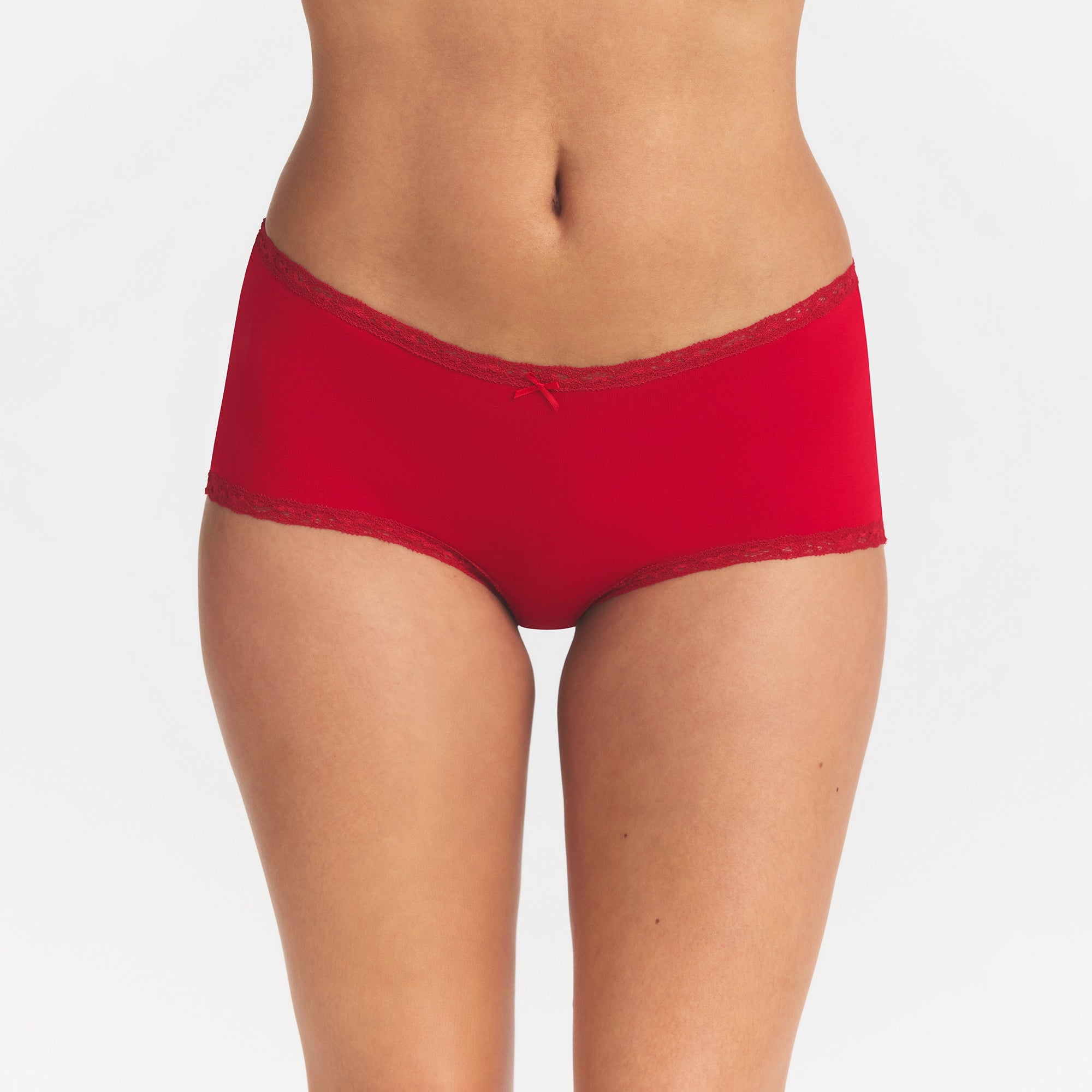 LIGHTWEIGHT COTTON LACE BOY SHORT | CARDINAL TONAL ON A MODEL FRONT VIEW @ | FOCUS: 0.0, 1.0, 0.9