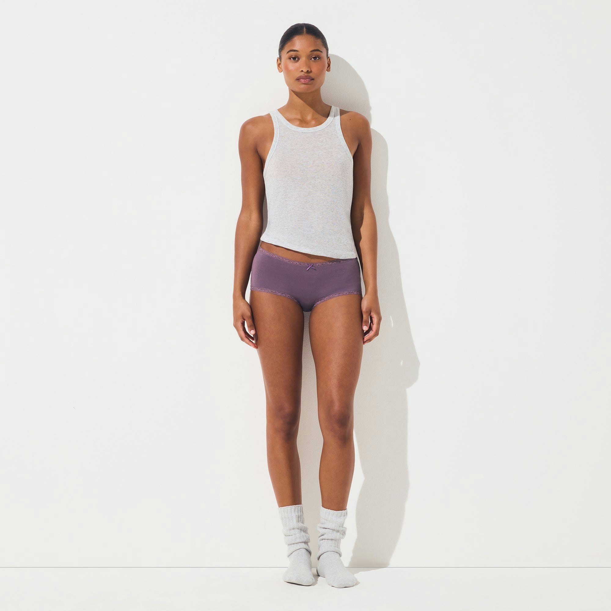 LIGHTWEIGHT COTTON LACE BOY SHORT | FIG TONAL ON A MODEL FRONT VIEW @ | FOCUS: 0.0, 1.0, 0.9