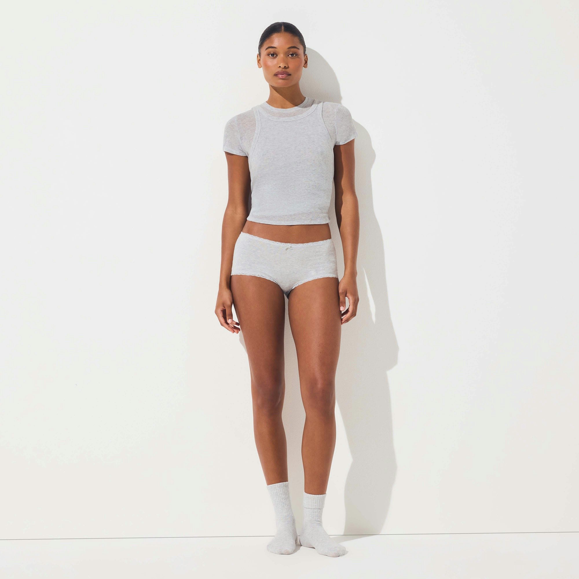 LIGHTWEIGHT COTTON LACE BOY SHORT | LIGHT HEATHER GREY ON A MODEL FRONT VIEW @ | FOCUS: 0.0, 1.0, 0.9