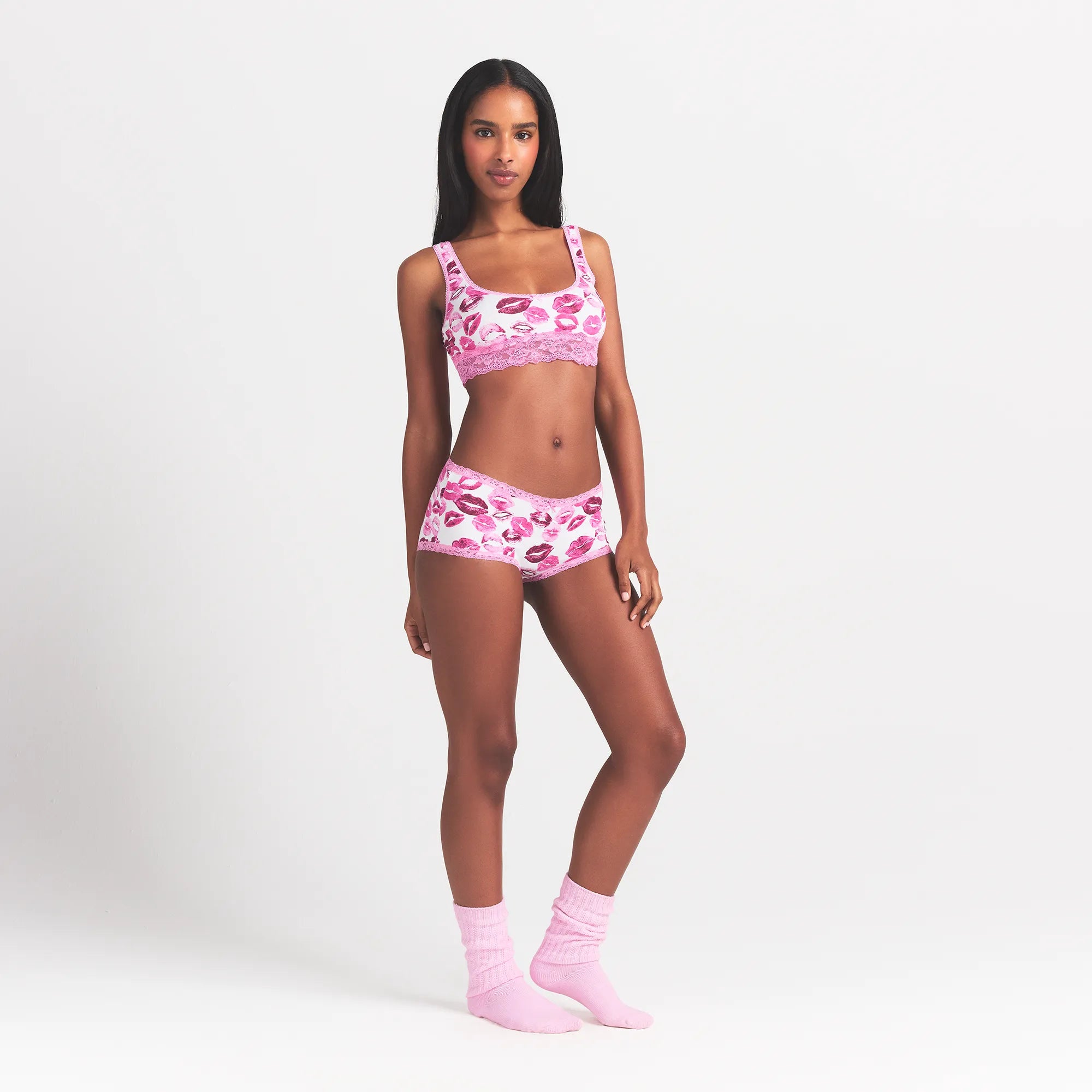 LIGHTWEIGHT COTTON LACE BOY SHORT | PINK ALLOVER LIPSTICK ON A MODEL FRONT VIEW @ | FOCUS: 0.0, 1.0, 0.9