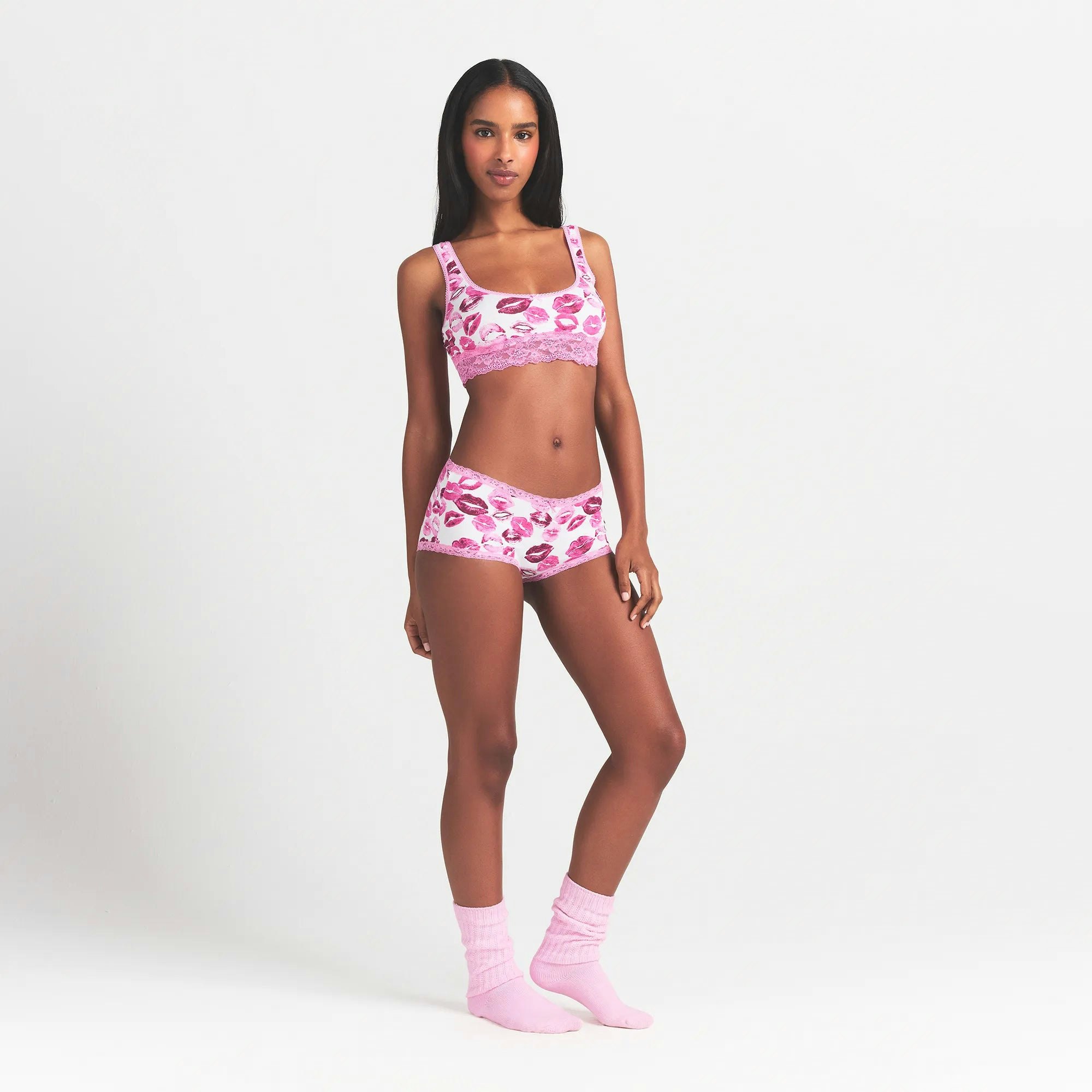LIGHTWEIGHT COTTON LACE BOY SHORT | PINK ALLOVER LIPSTICK ON A MODEL FRONT VIEW @ | FOCUS: 0.0, 1.0, 0.9