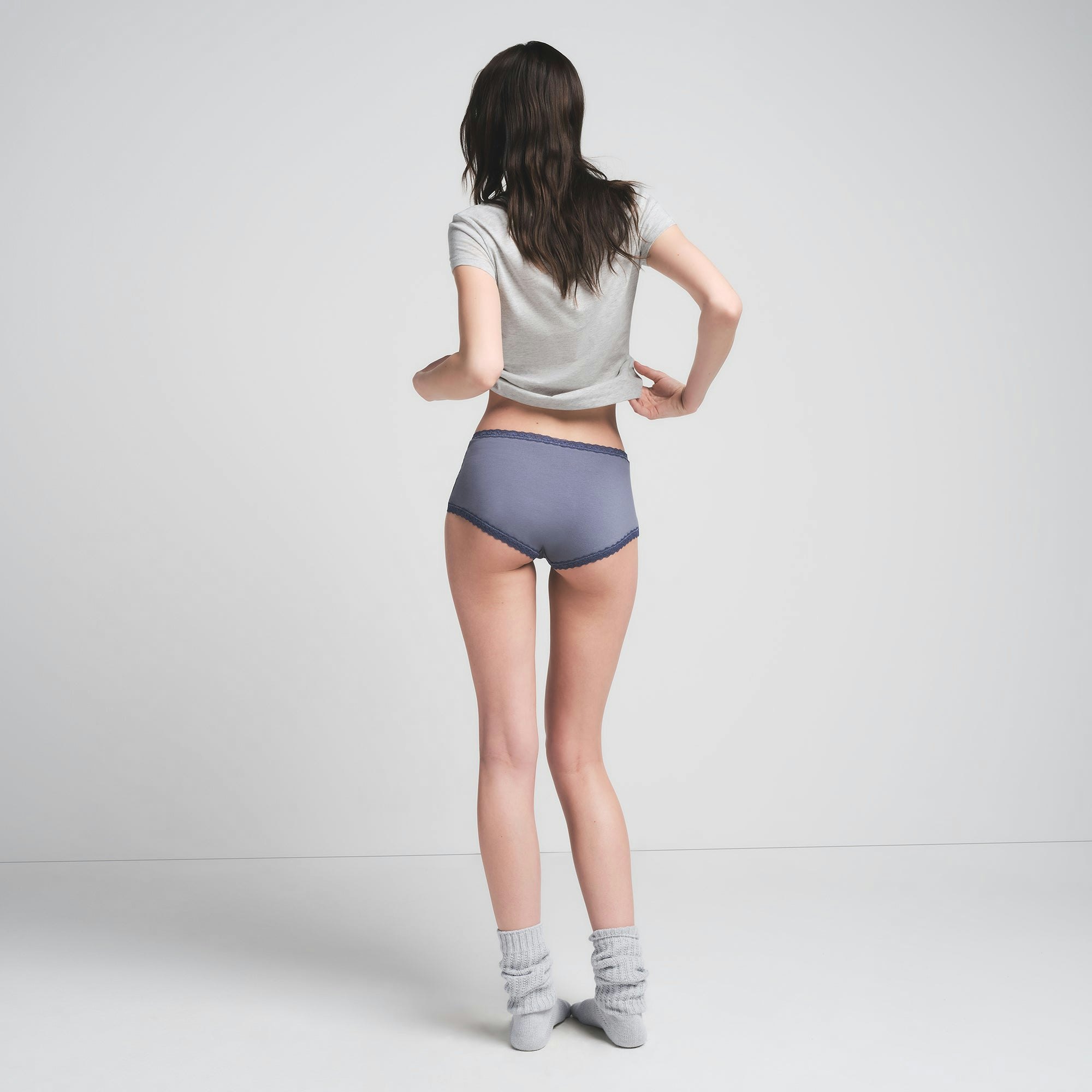LIGHTWEIGHT COTTON LACE TRIM BOY SHORT | STEEL BLUE ON A MODEL BACK VIEW | FOCUS: 0.0, 1.0, 0.9