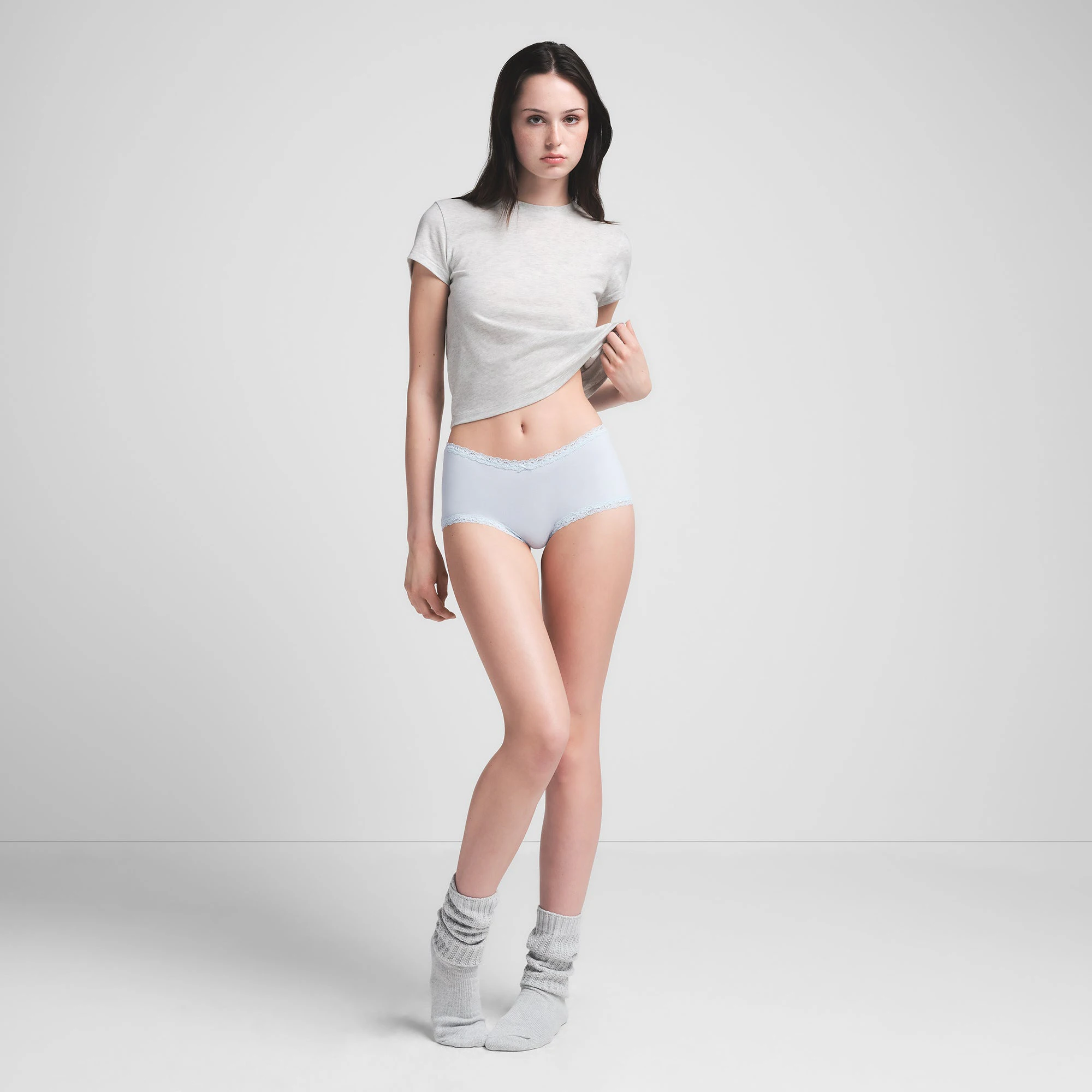 LIGHTWEIGHT COTTON LACE TRIM BOY SHORT | ZEN BLUE ON A MODEL FRONT VIEW | FOCUS: 0.0, 1.0, 0.9