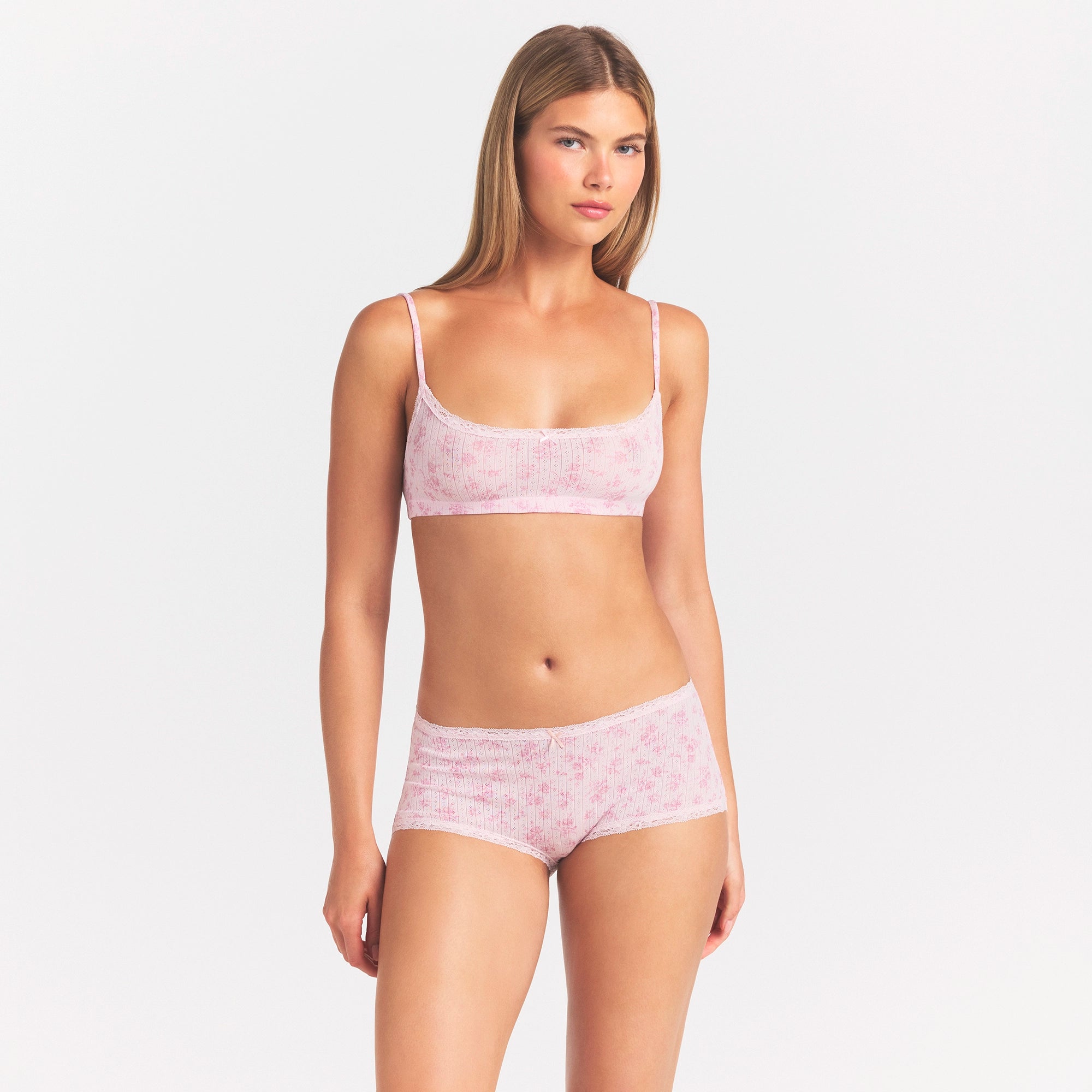 LIGHTWEIGHT COTTON POINTELLE LACE BOY SHORT | BLOOM DAINTY FLORAL ON A MODEL SIDE VIEW @ | FOCUS: 0.0, 1.0, 0.9