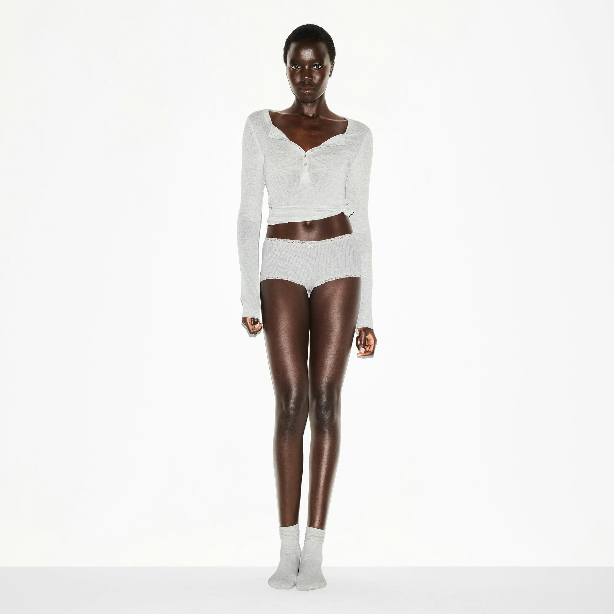 LIGHTWEIGHT COTTON POINTELLE LACE BOY SHORT | LIGHT HEATHER GREY ON A MODEL FRONT VIEW @ | FOCUS: 0.0, 1.0, 0.9