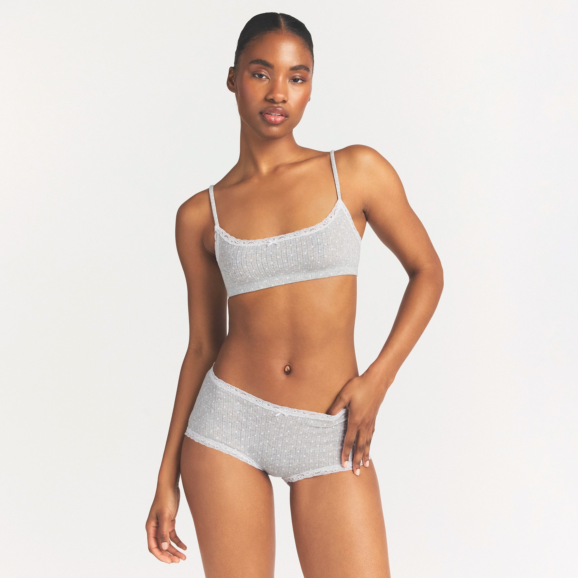 LIGHTWEIGHT COTTON POINTELLE LACE BOY SHORT | LIGHT HEATHER GREY PIN DOT ON A MODEL SIDE VIEW @ | FOCUS: 0.0, 1.0, 0.9