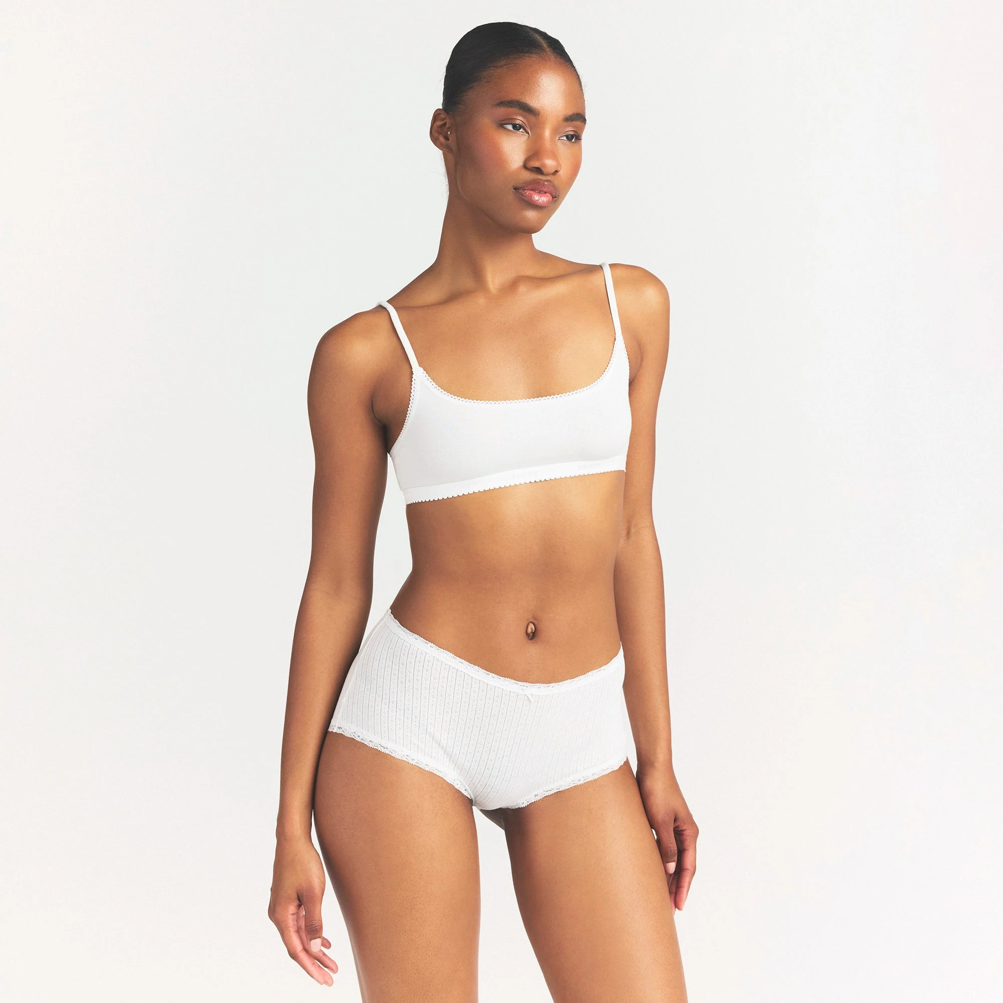 LIGHTWEIGHT COTTON POINTELLE LACE BOY SHORT | SNOW ON A MODEL SIDE VIEW