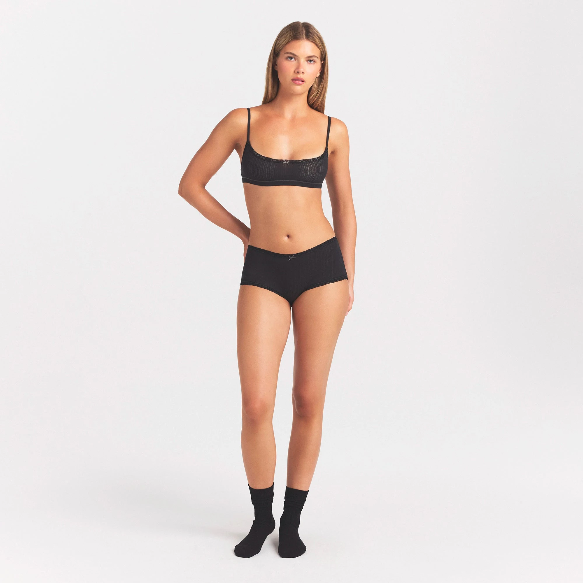 LIGHTWEIGHT COTTON POINTELLE LACE BOY SHORT | SOOT TONAL ON A MODEL FRONT VIEW @ | FOCUS: 0.0, 1.0, 0.9