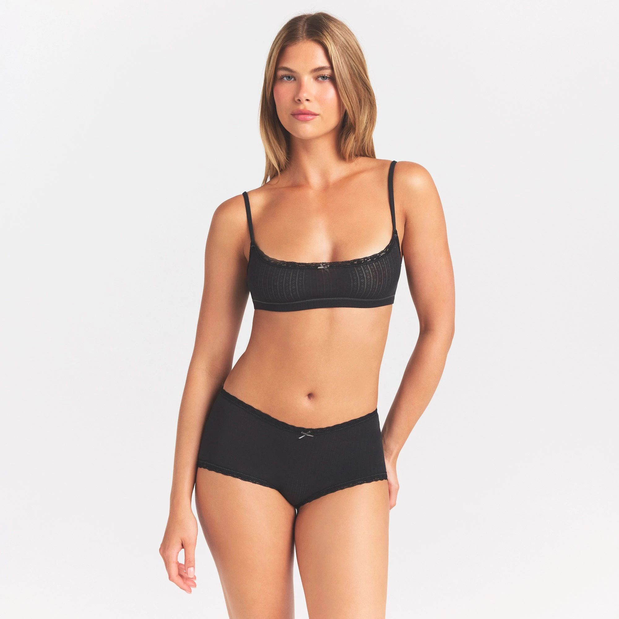 LIGHTWEIGHT COTTON POINTELLE LACE BOY SHORT | SOOT TONAL ON A MODEL SIDE VIEW @ | FOCUS: 0.0, 1.0, 0.9