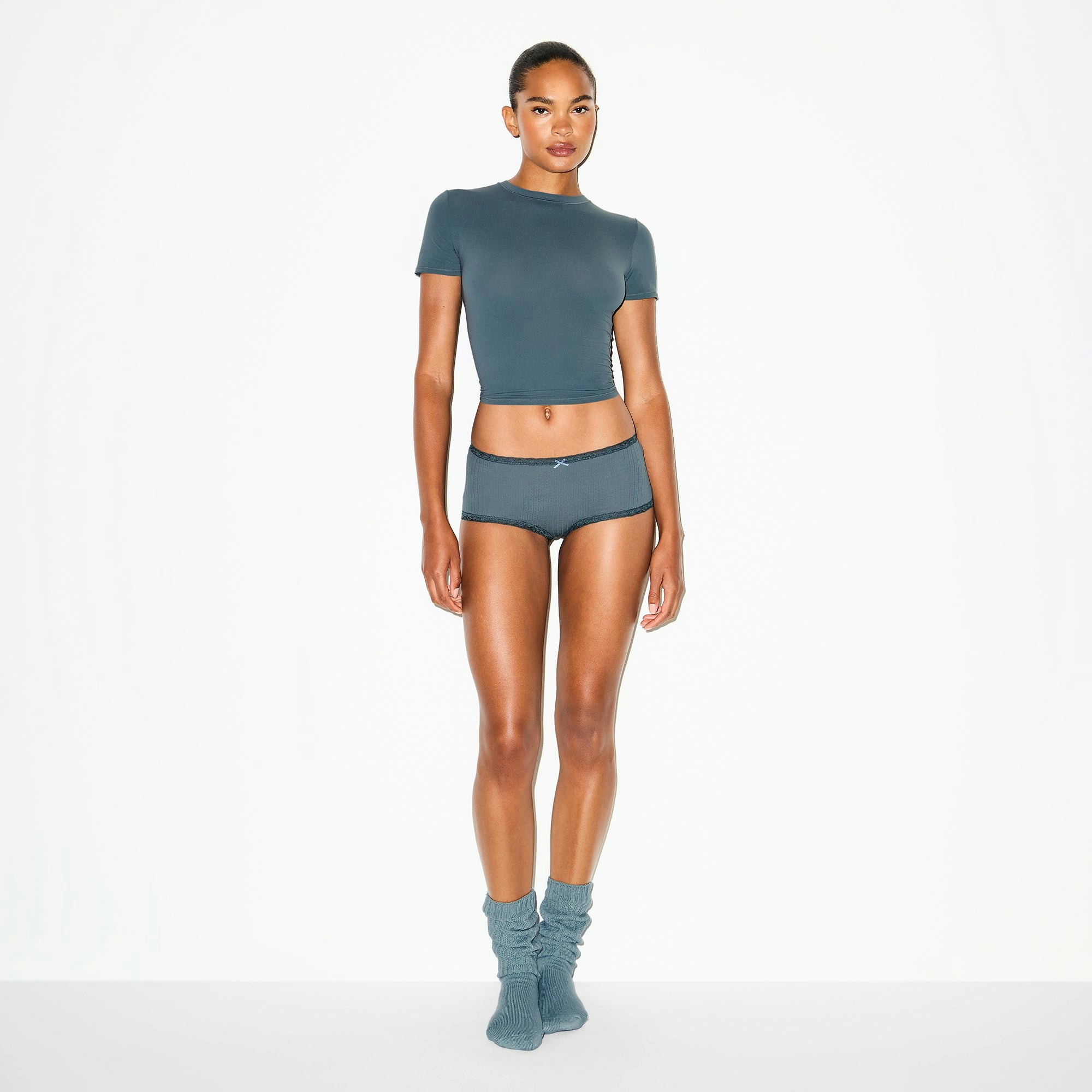 LIGHTWEIGHT COTTON POINTELLE LACE BOY SHORT | ZIRCON TONAL ON A MODEL FRONT VIEW @ | FOCUS: 0.0, 1.0, 0.9