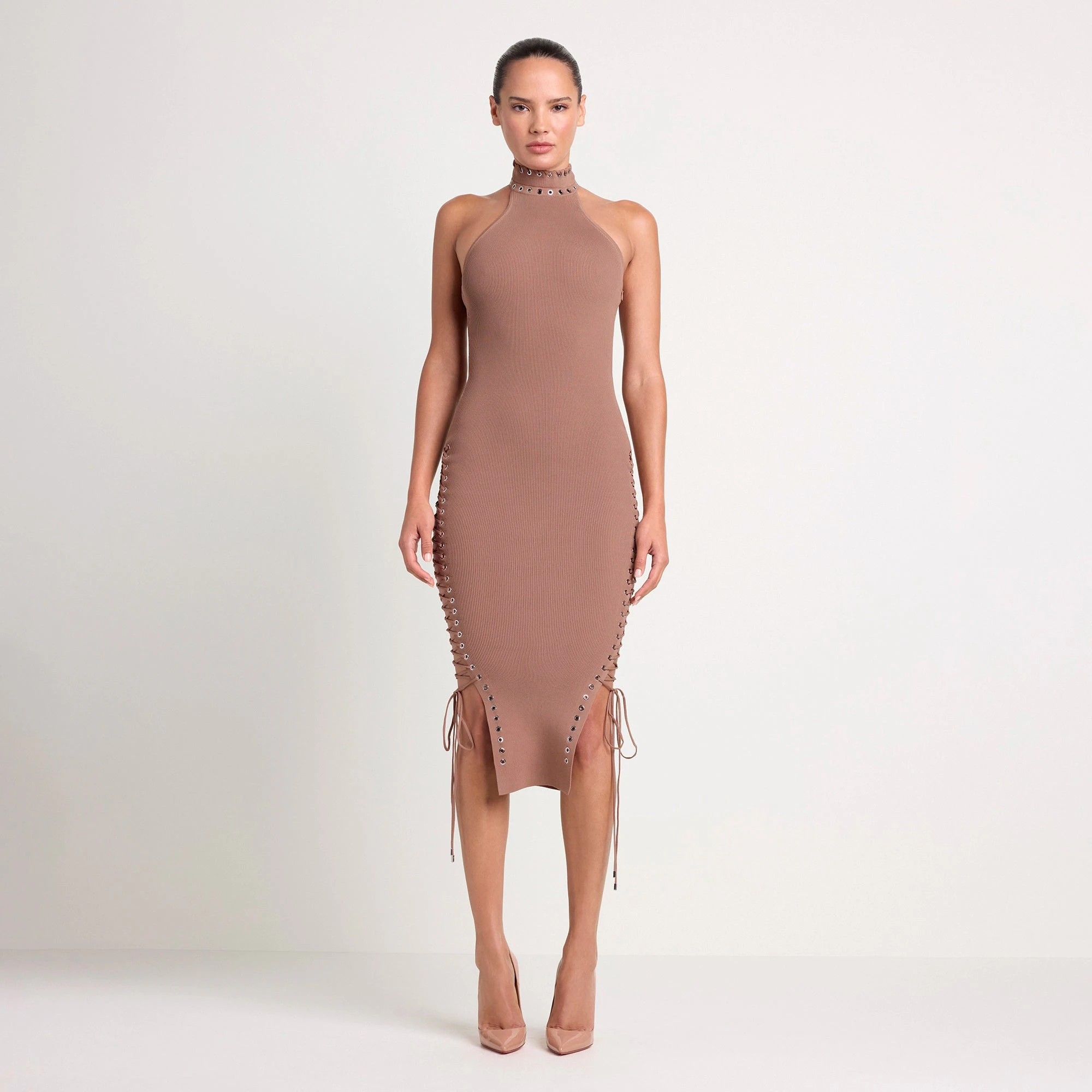LUDOVIC DE SAINT SERNIN X SKIMS REFINED KNIT MOCK NECK HALTER DRESS | SIENNA ON A MODEL FRONT VIEW @ | FOCUS: 0.0, 1.0, 0.9