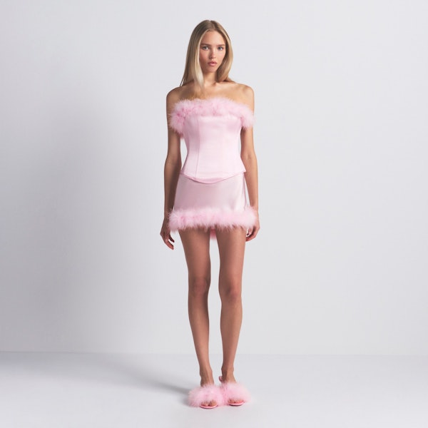 SILK FEATHER TRIM CORSET | CHERRY BLOSSOM ON A MODEL FRONT VIEW @ | FOCUS: 0.0, 1.0, 0.9