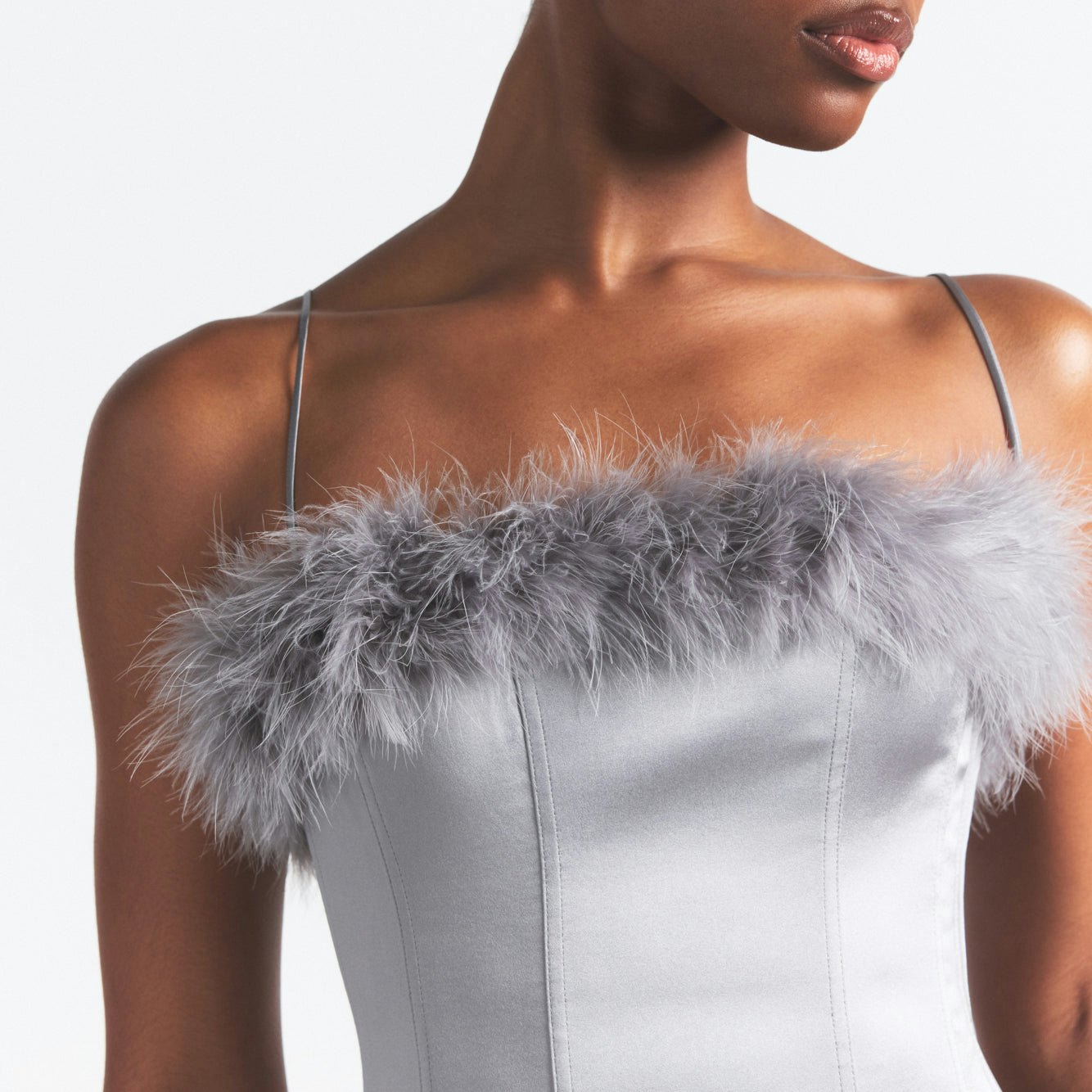 SILK FEATHER TRIM CORSET | MIRROR ON A MODEL SIDE VIEW @ | FOCUS: 0.0, 1.0, 0.9