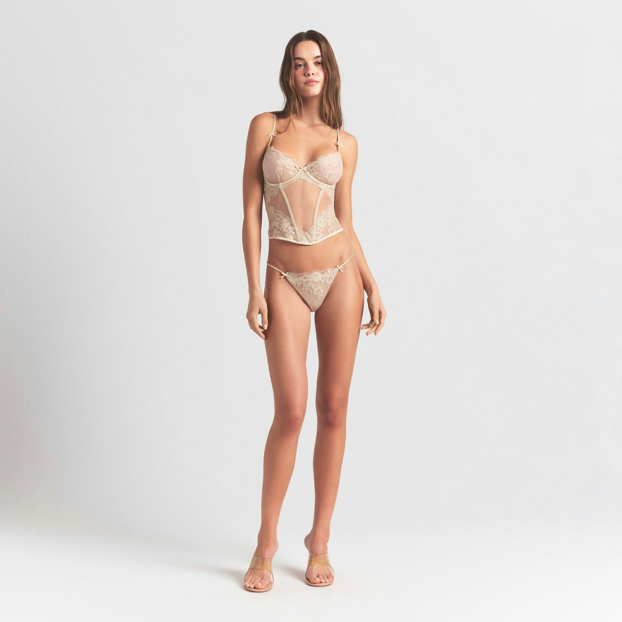 EMBROIDERED LINGERIE UNLINED CORSET | CHAMPAGNE ON A MODEL FRONT VIEW @ | FOCUS: 0.0, 1.0, 0.9