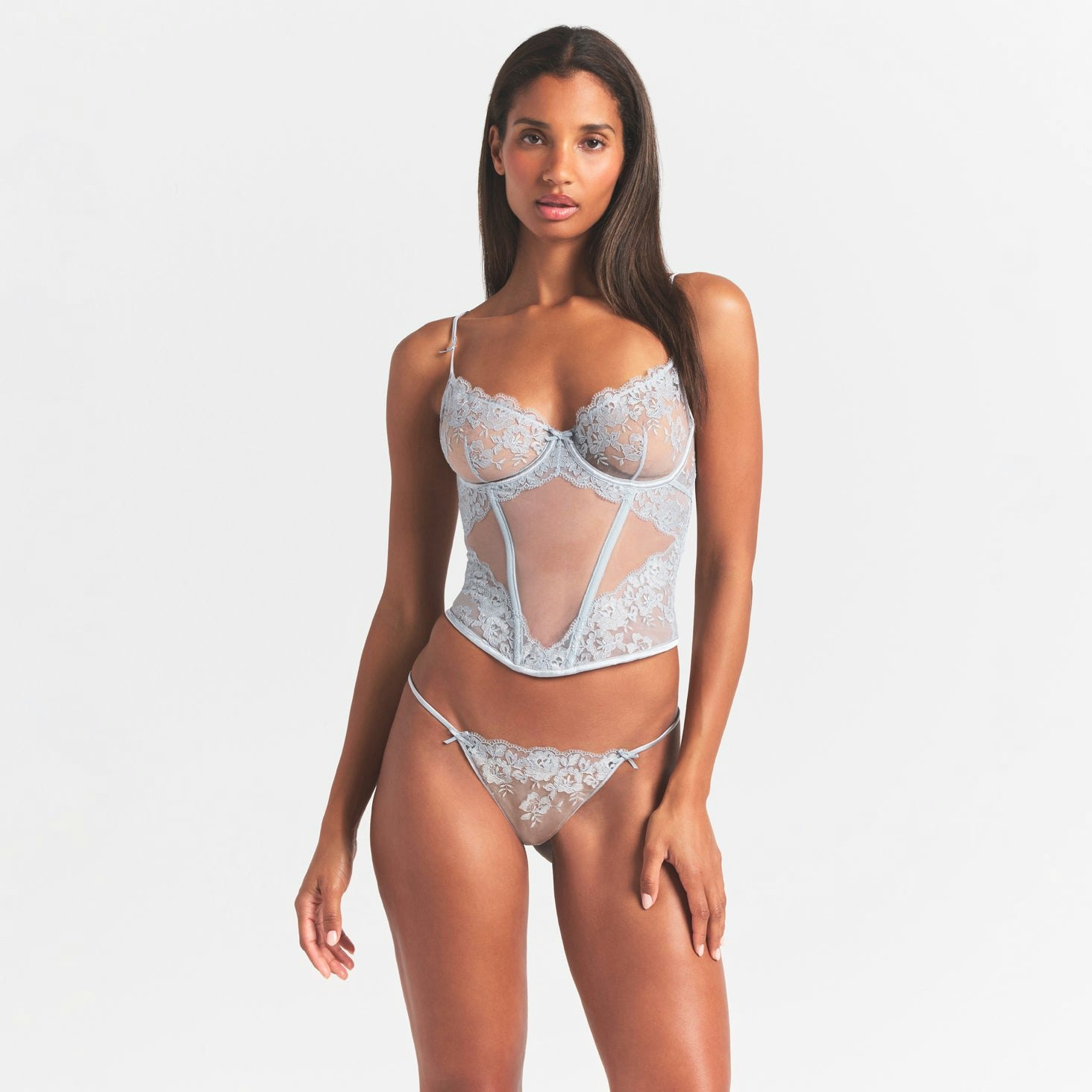 EMBROIDERED LINGERIE UNLINED CORSET | PEARL ON A MODEL FRONT VIEW @ | FOCUS: 0.0, 1.0, 0.9
